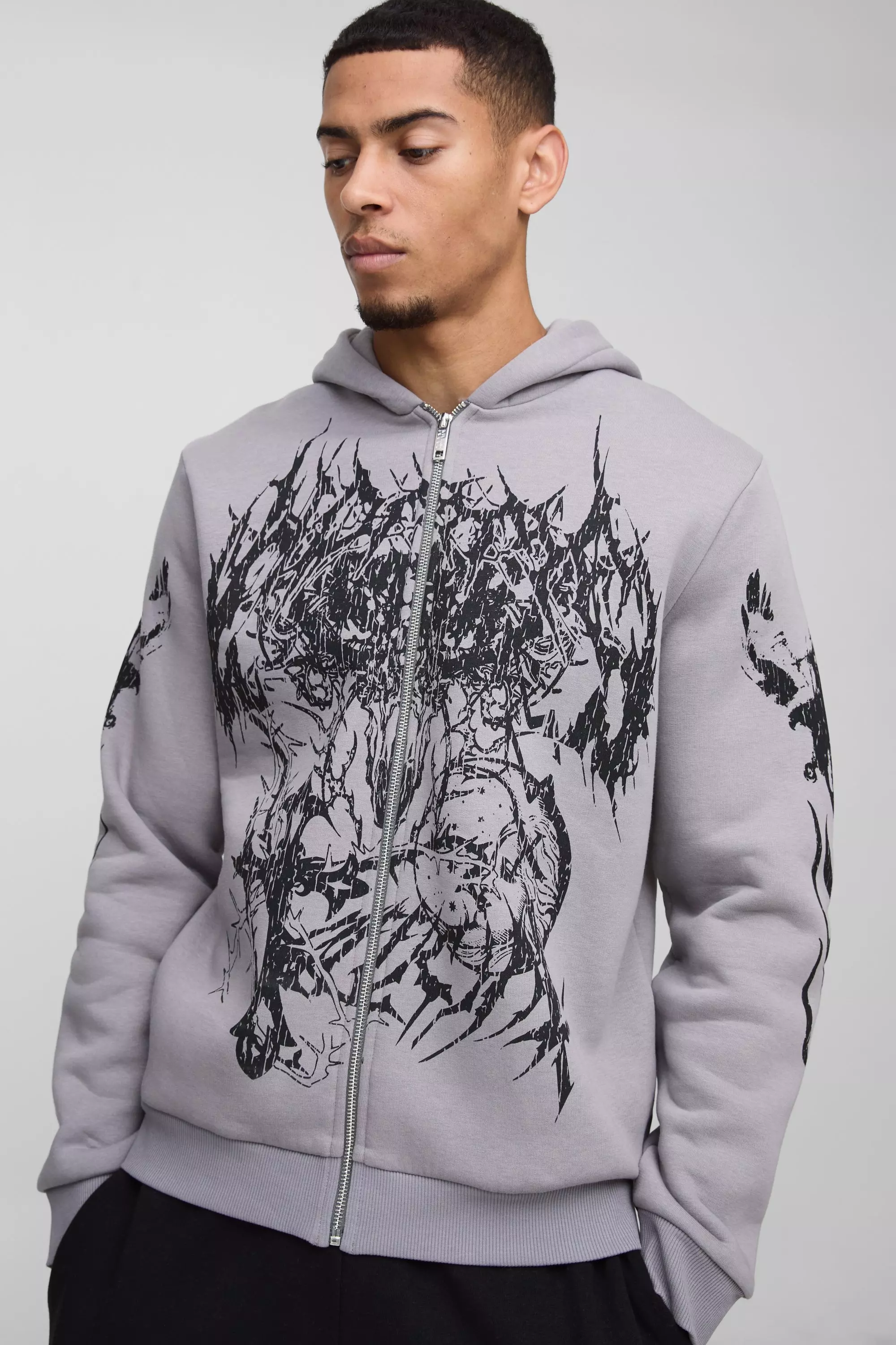 Large Scale Gothic Print Zip Through Hoodie Charcoal