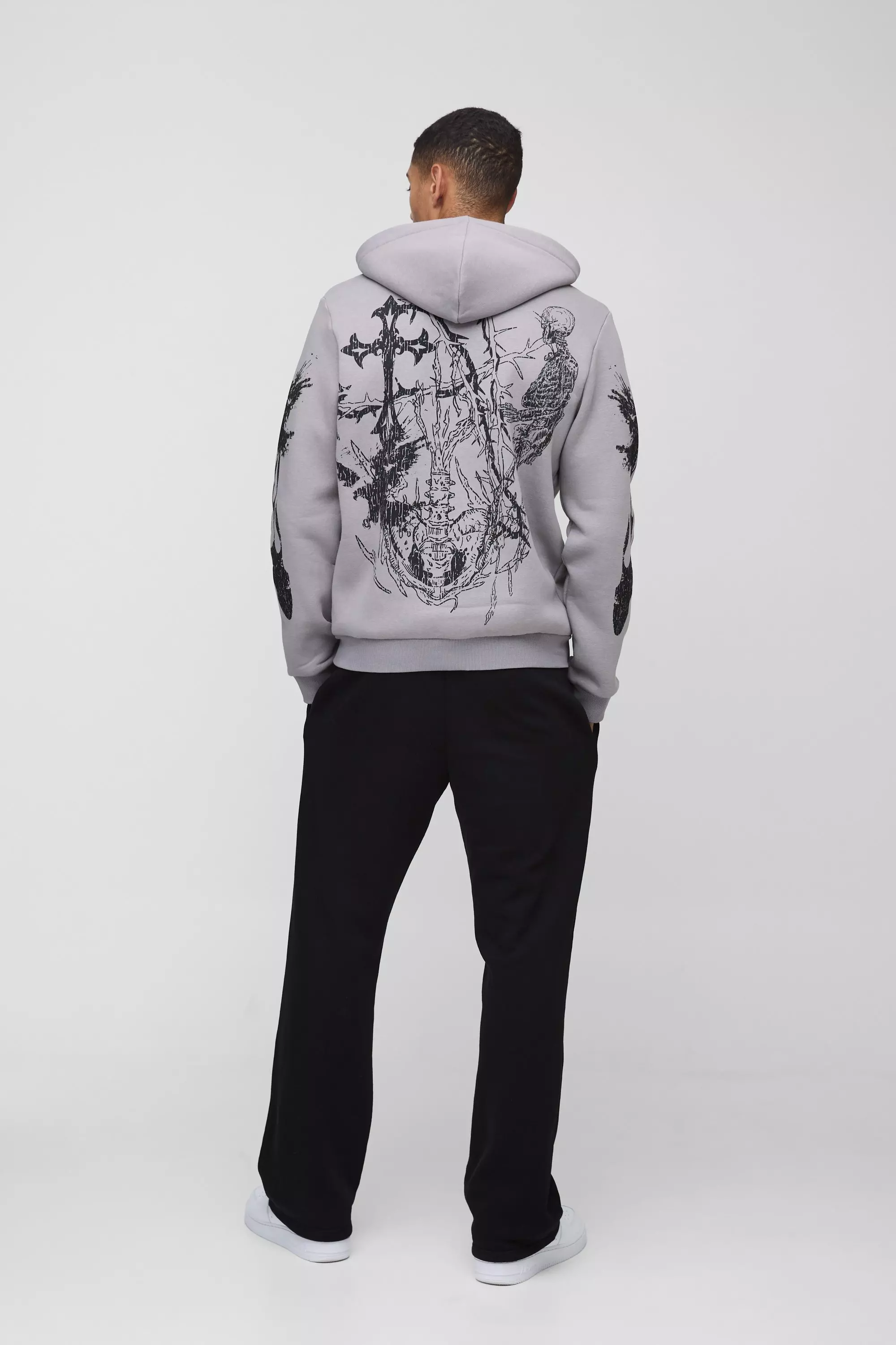 Charcoal Large Scale Gothic Print Zip Through Hoodie alternative image