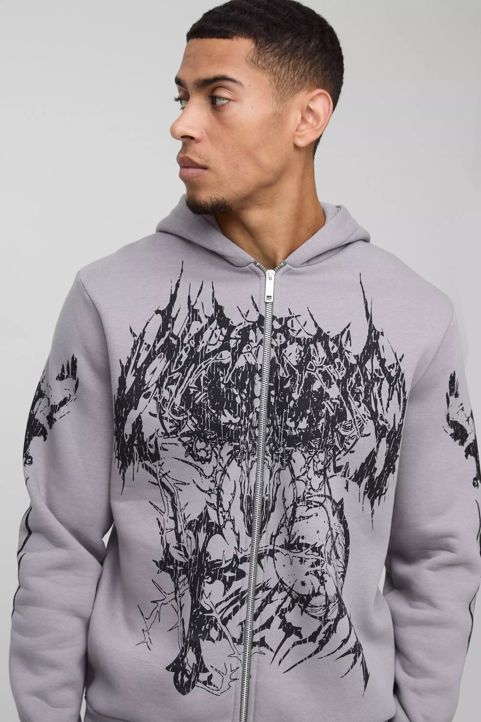 Charcoal Large Scale Gothic Print Zip Through Hoodie alternative image