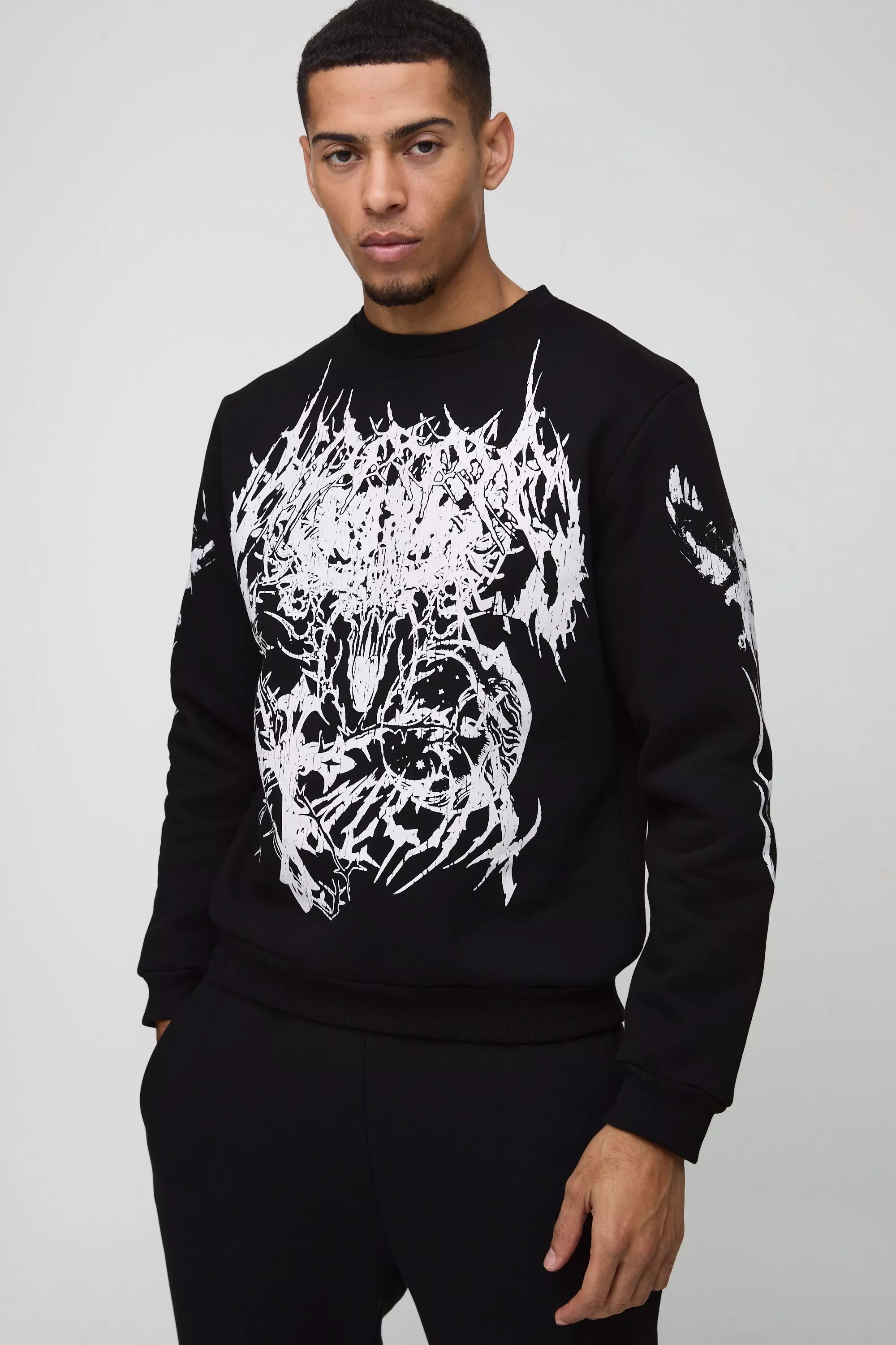 Crew Neck Large Scale Gothic Sweatshirt Black