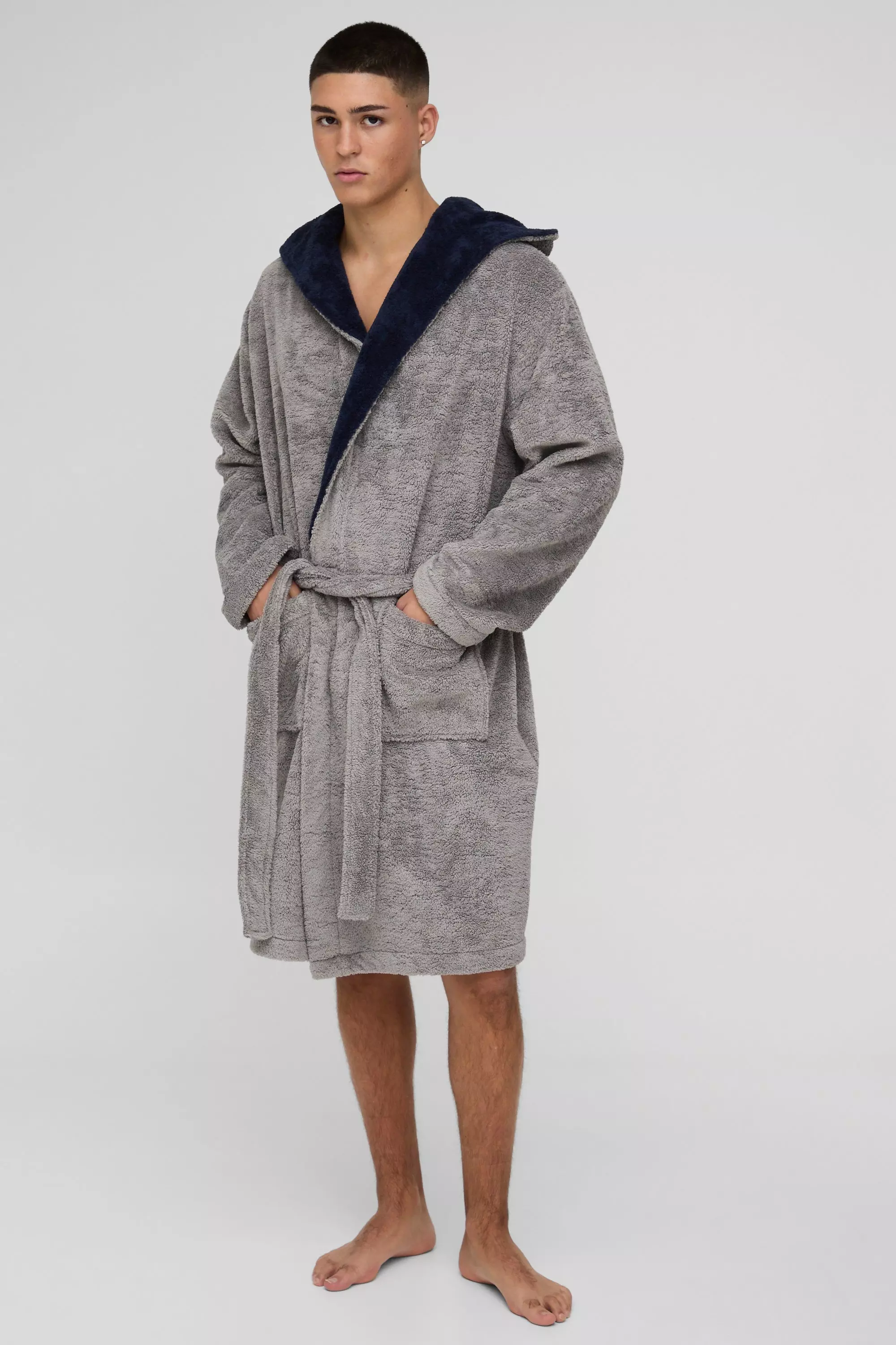 Borg Lined Hooded Dressing Gown boohooMAN UK