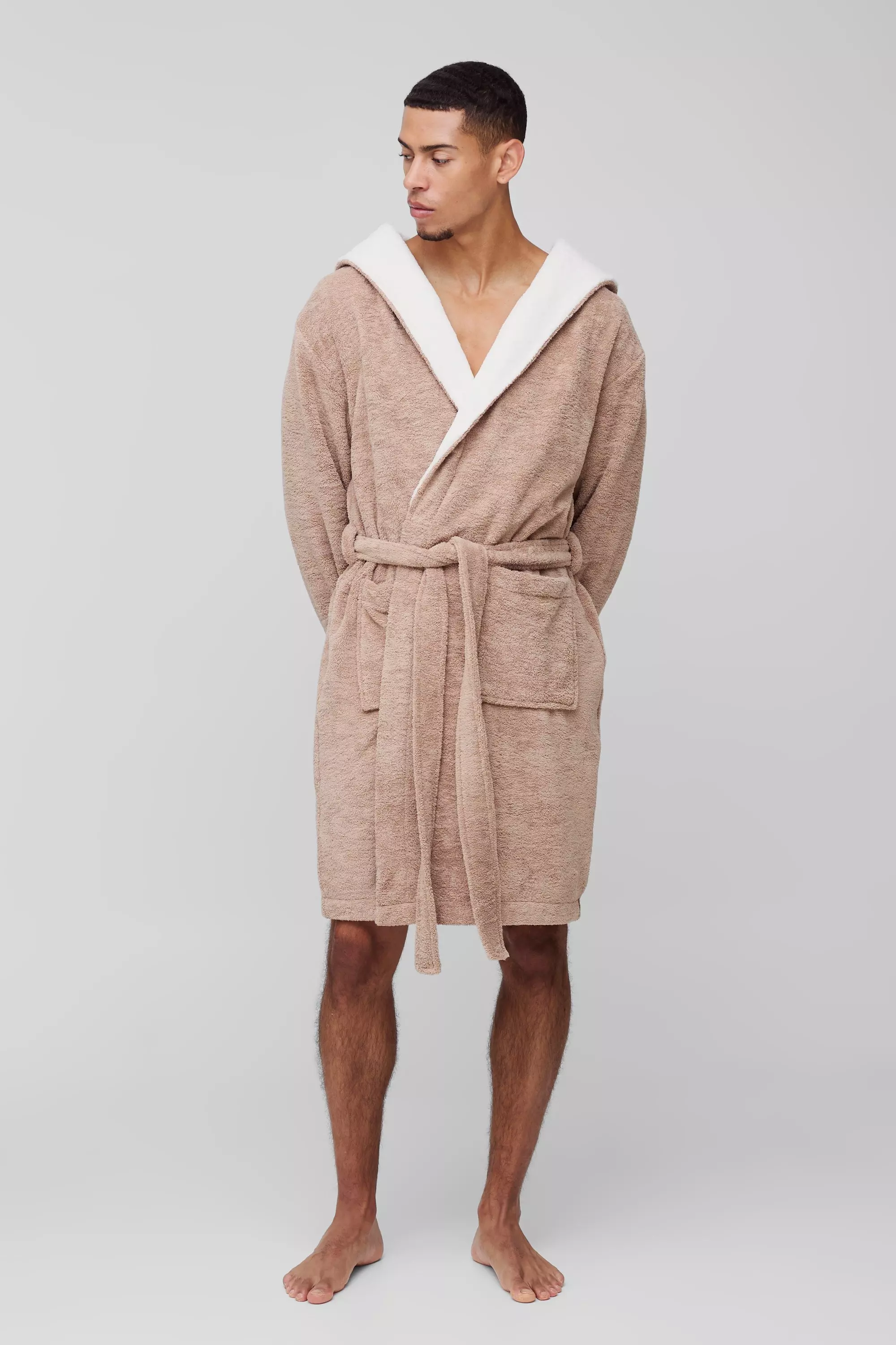 Borg Lined Hooded Robe Taupe