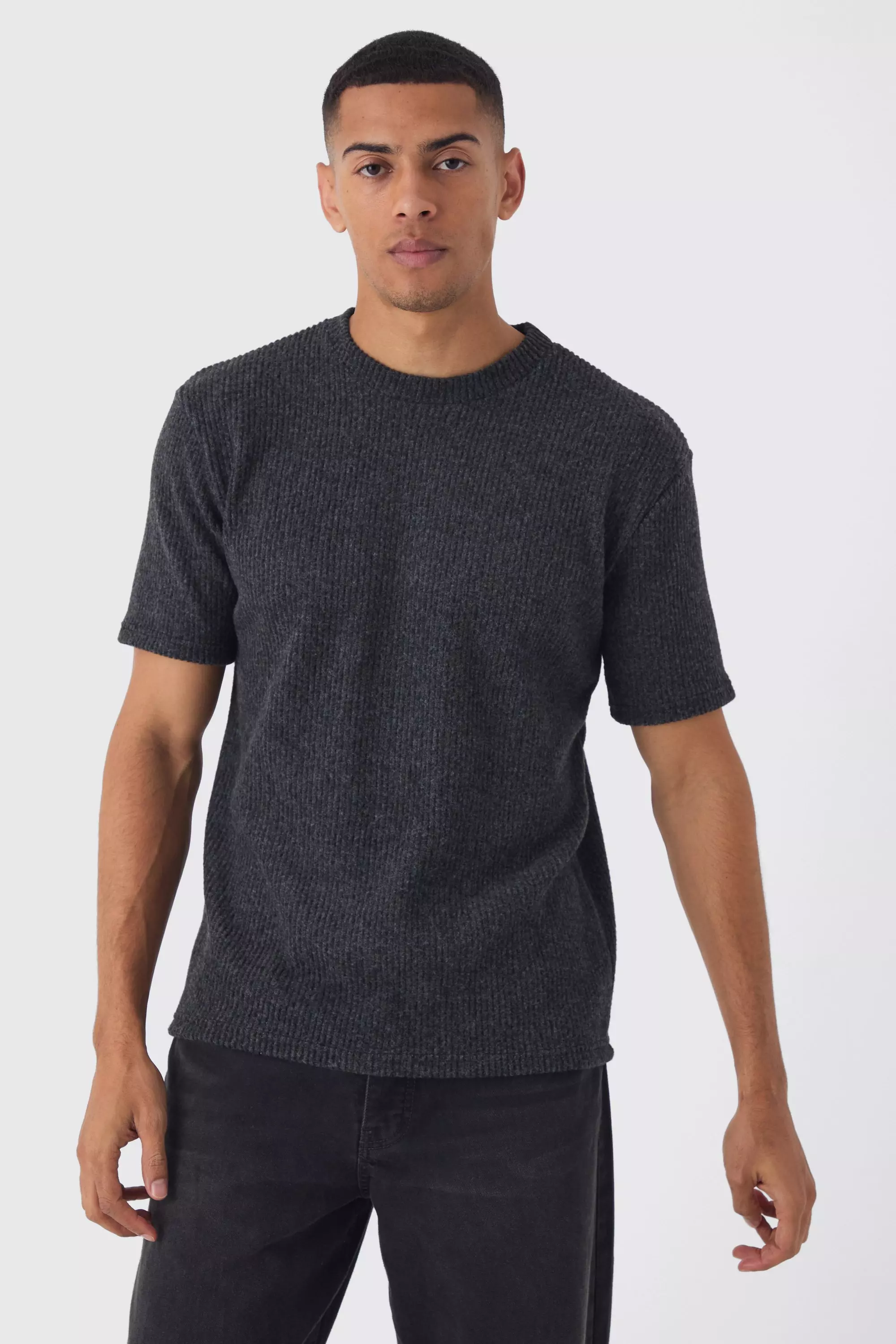 Slim Fit Brushed Knitted T-Shirt Grey