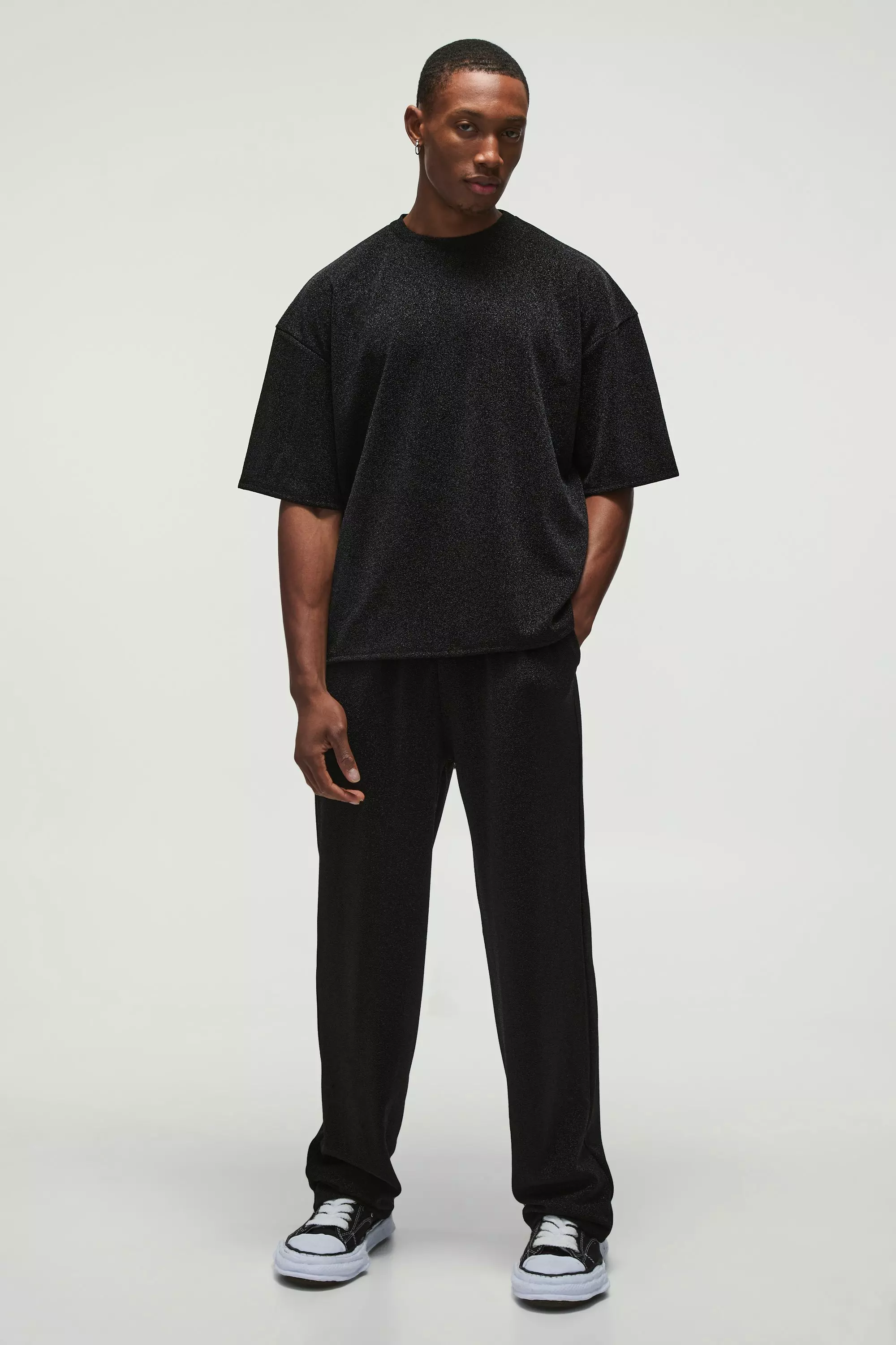 Oversized Metalic Boxy T-shirt & Elasticated Relaxed Metalic Pants Set Black