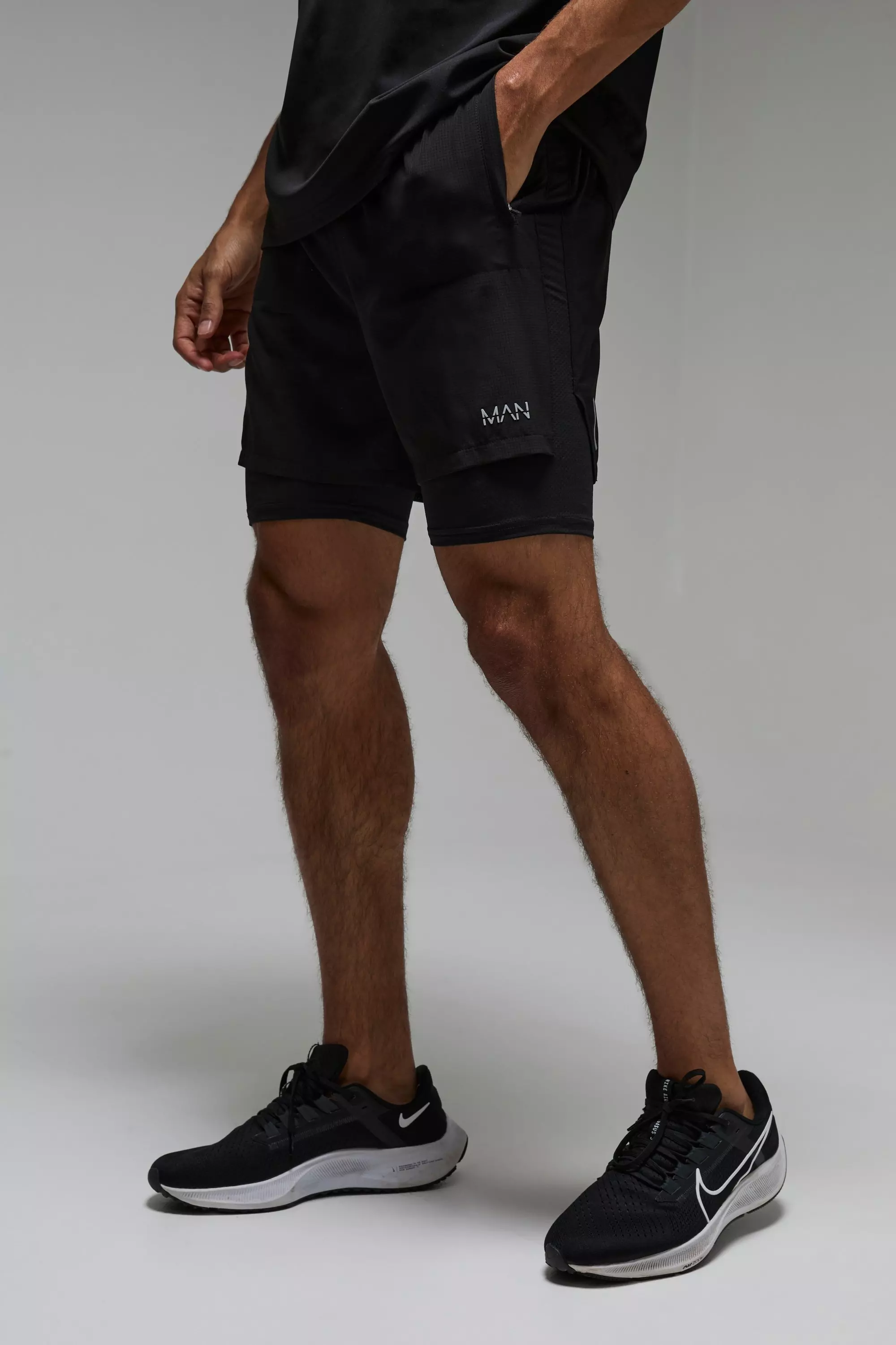 Black Man Active Stretch 2 in 1 5inch Grid Short