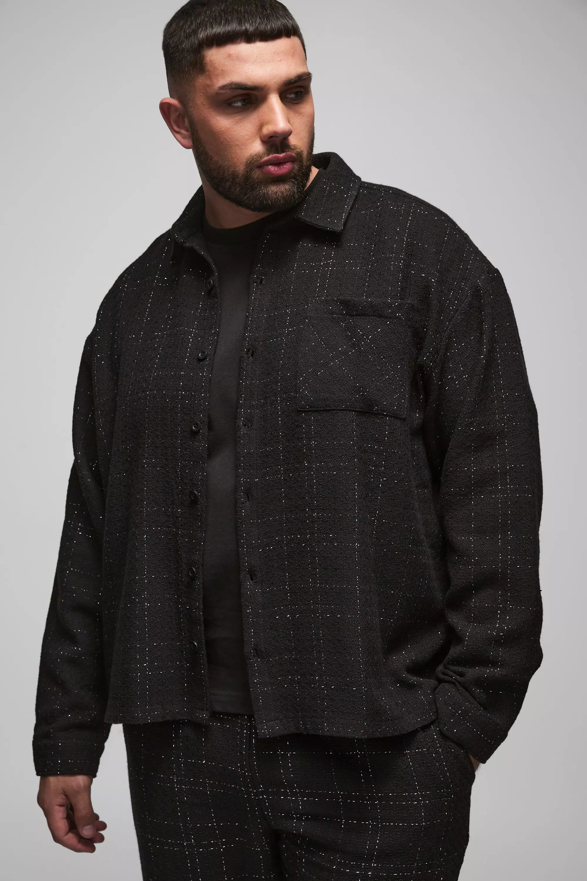 Plus Oversized Fit Boucle Shirt Jacket Black