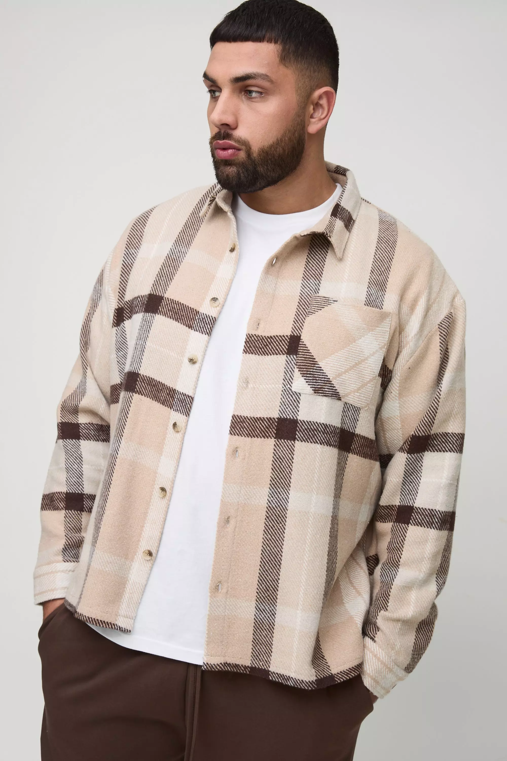 Plus Boxy Split Hem Brushed Flannel Shirt Jacket Multi