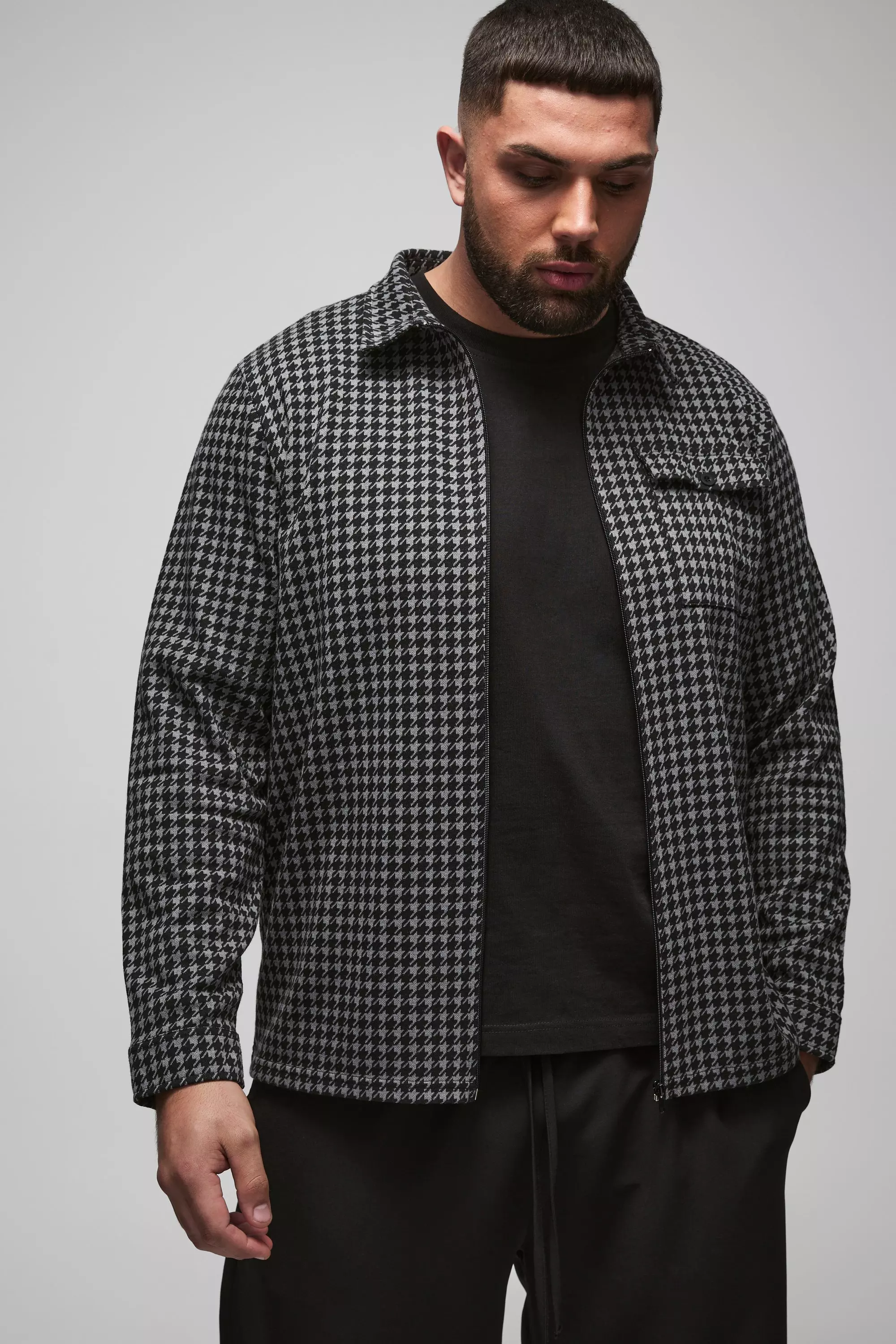 Plus Dogtooth Jacquard Zip Through Shirt Jacket Charcoal