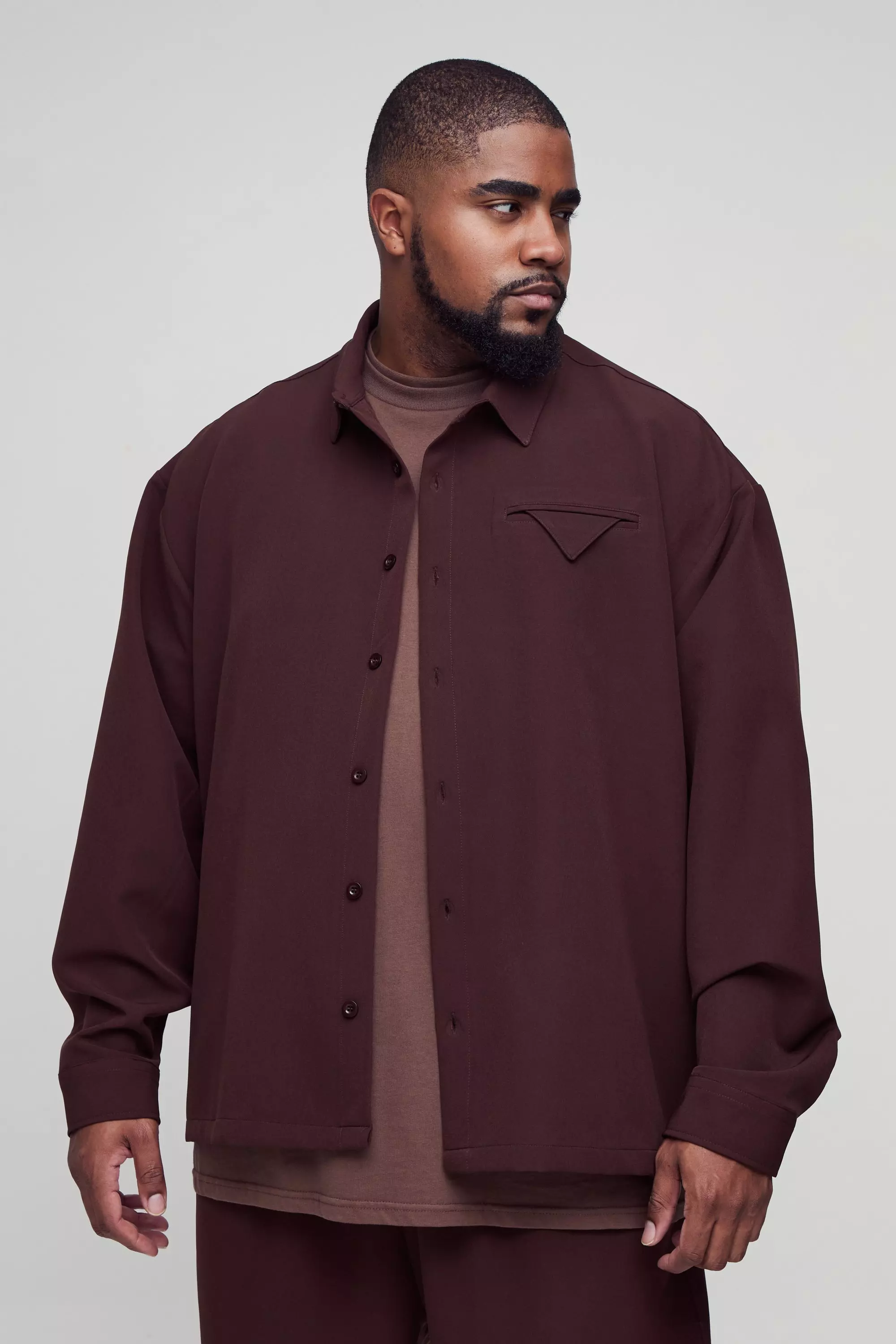 Plus Stretch Woven Pocket Detail Oversized Shirt Chocolate