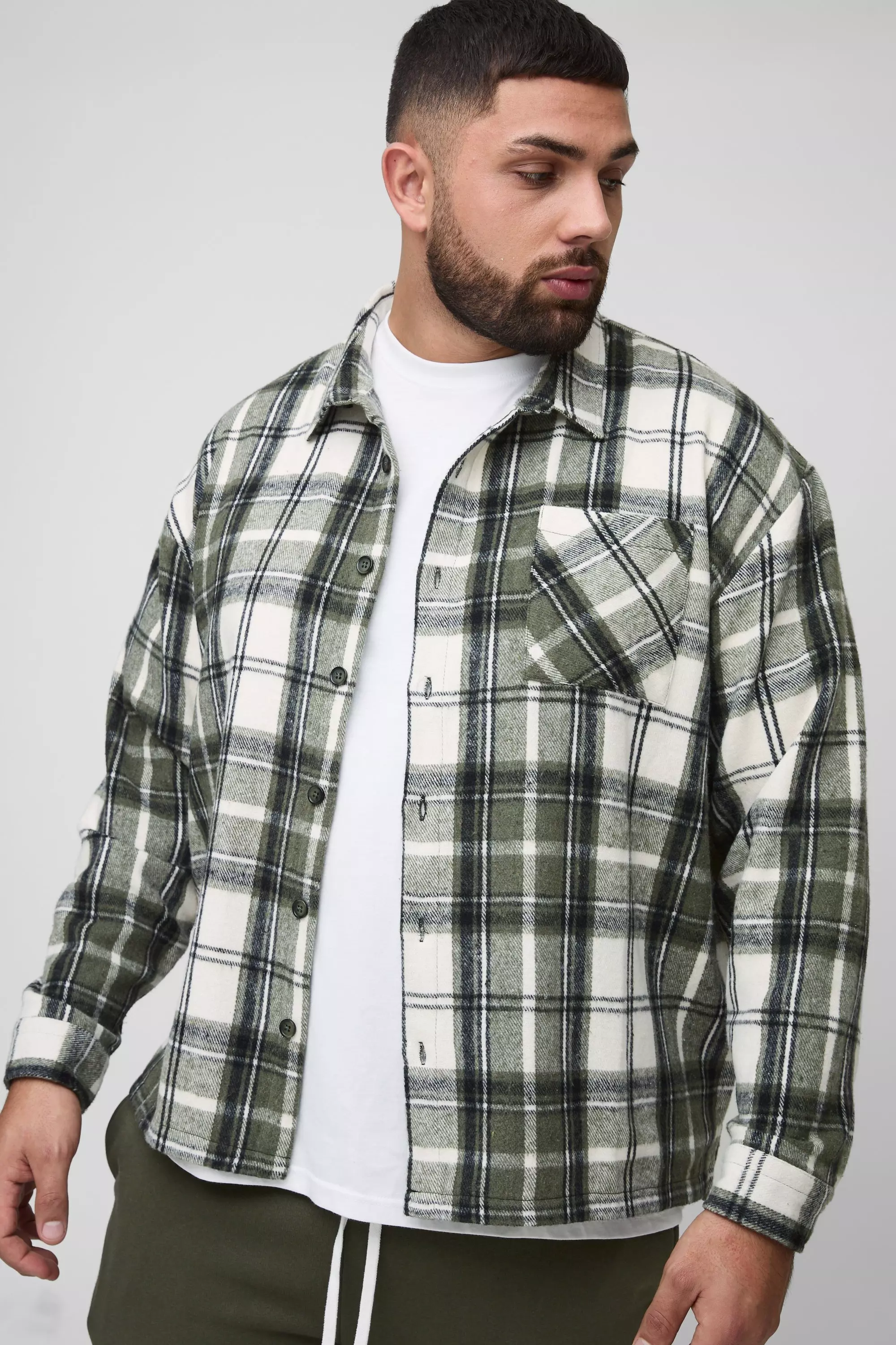 Green Plus Boxy Split Hem Brushed Flannel Shirt Jacket