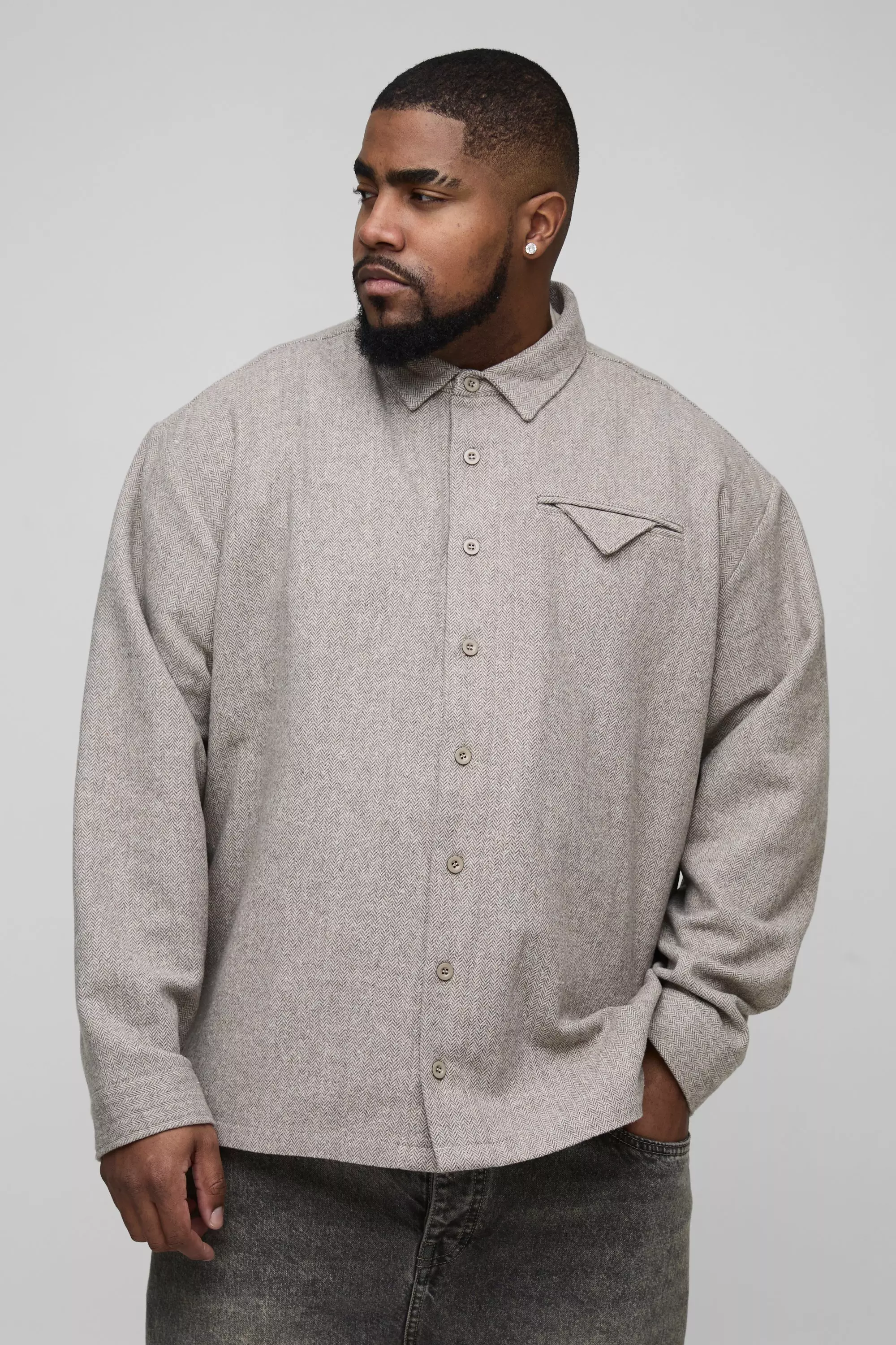 Plus Brushed Herringbone Pocket Detail Overshirt Stone