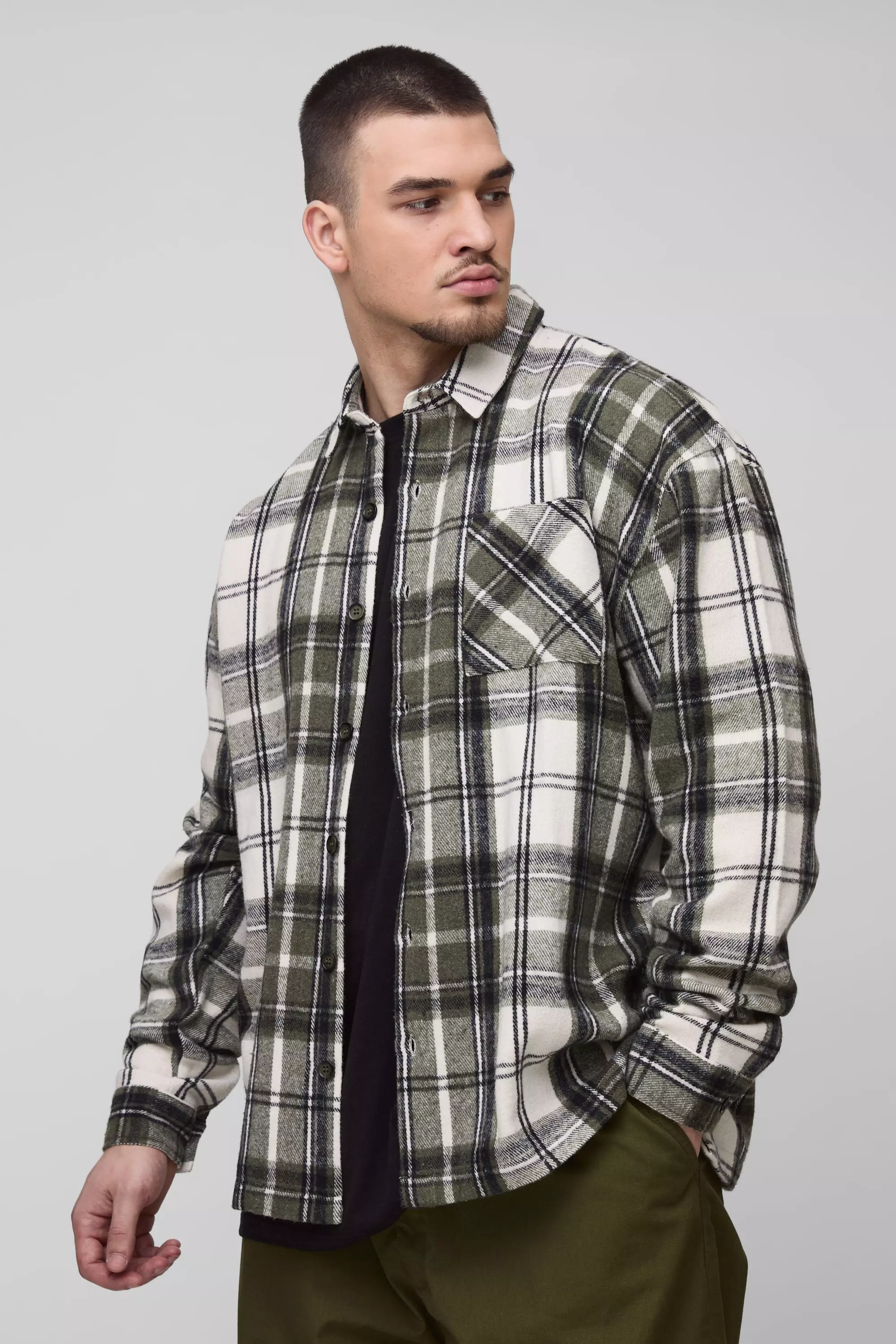 Green Tall Boxy Split Hem Brushed Flannel Shirt Jacket