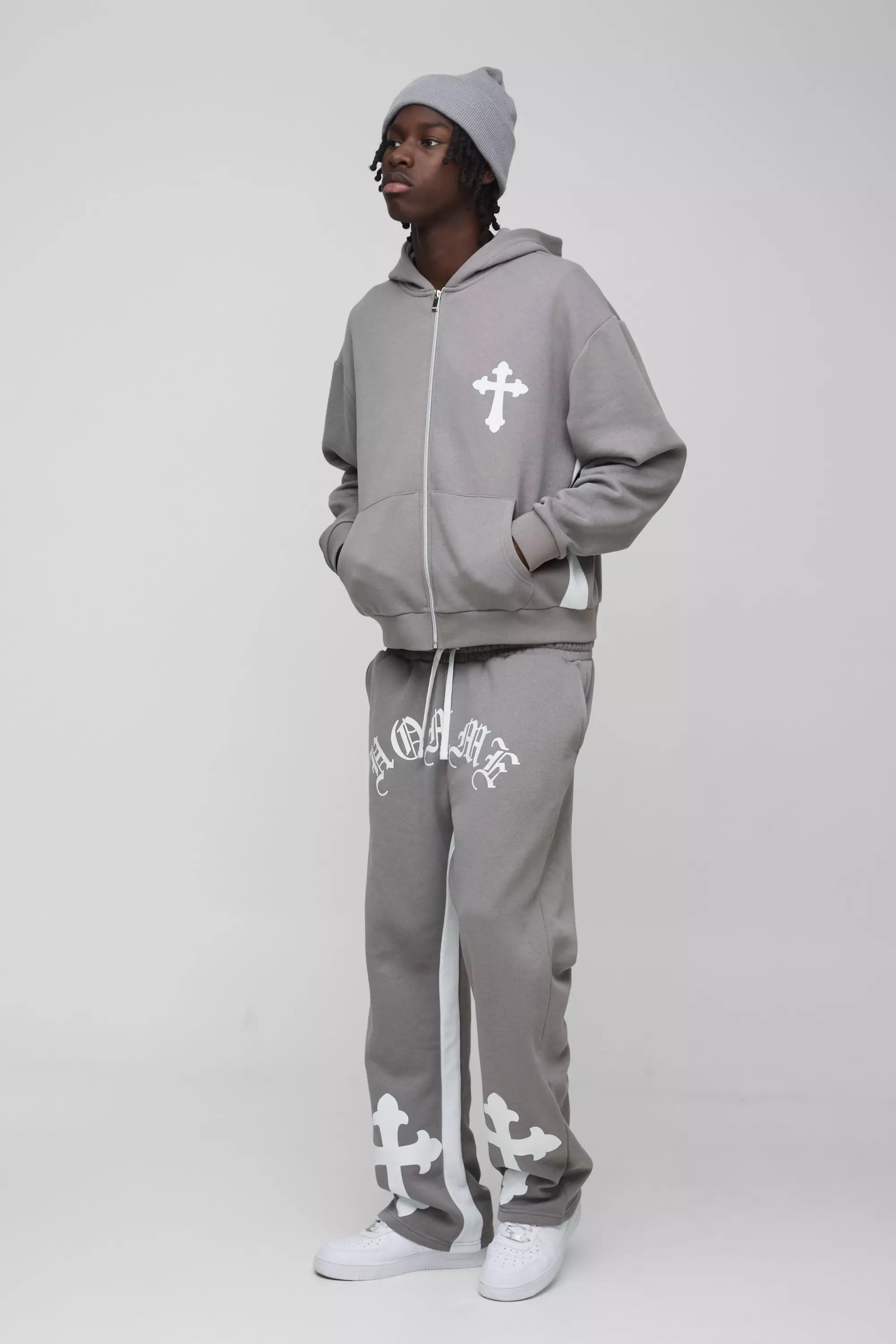 Oversized Boxy Gothic Homme Cross Zip Through Tracksuit Grey