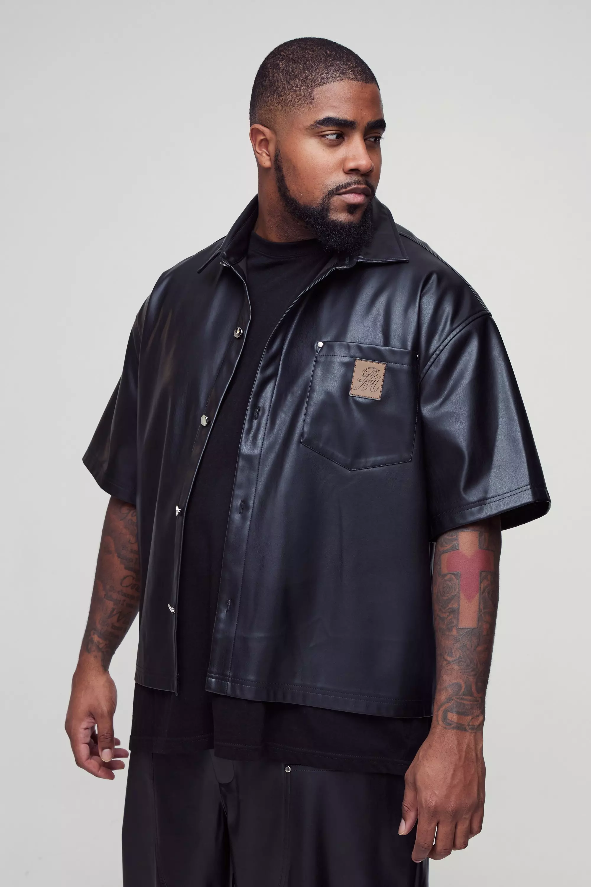 Black Plus Oversized PU Pocket Detail Shirt