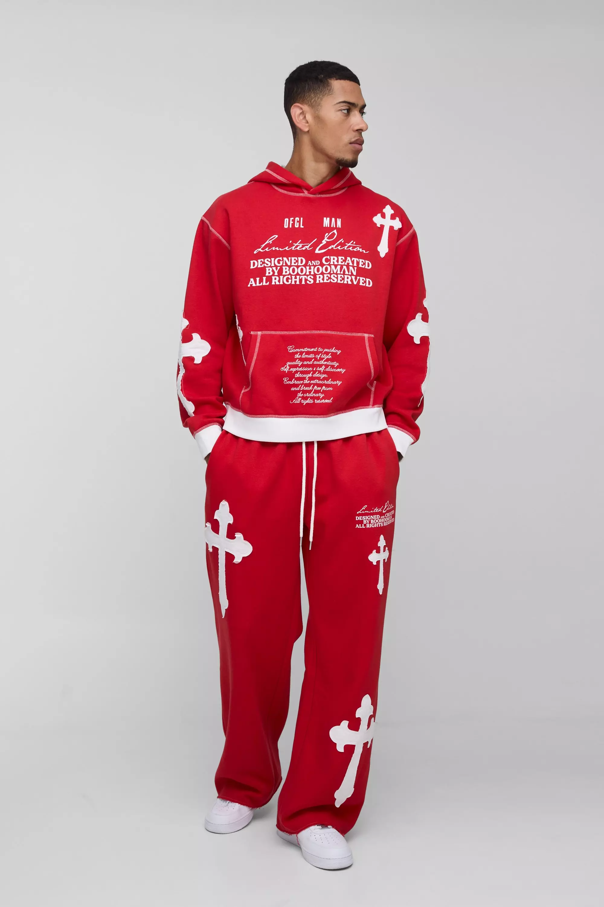 Red Oversized Boxy Limited Edition Cross Applique Hooded Tracksuit