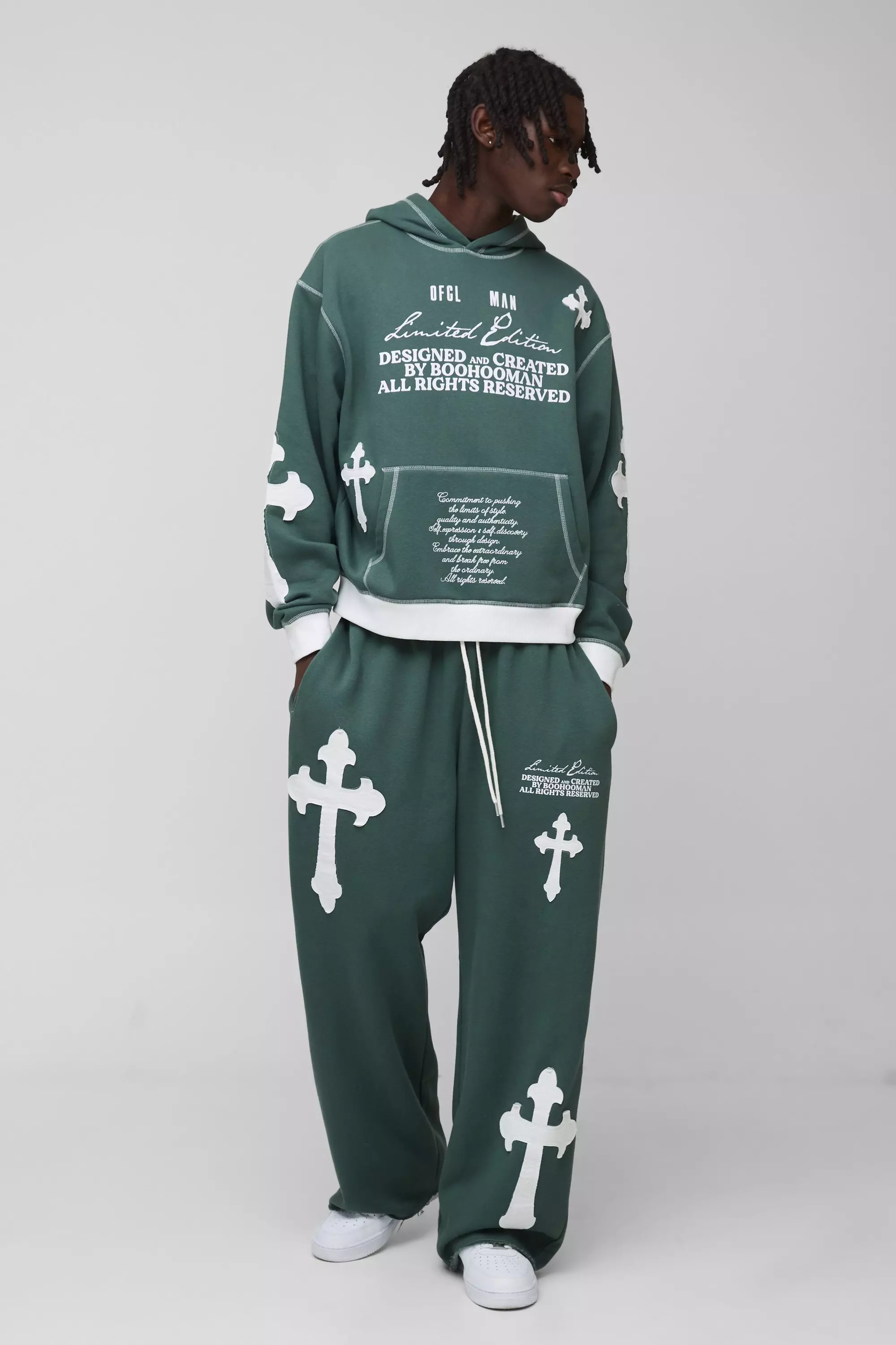 Oversized Boxy Limited Edition Cross Applique Hooded Tracksuit Forest