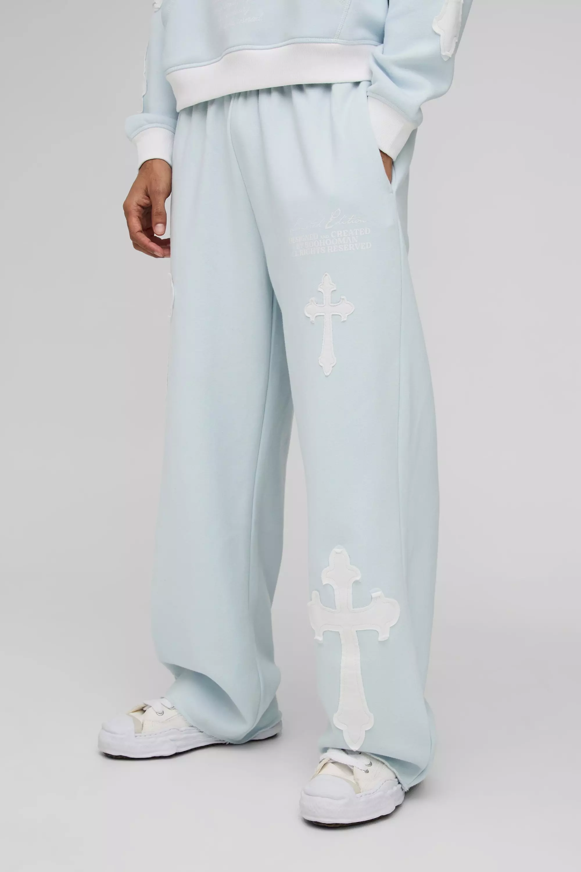 Blue Wide Leg Limited Edition Cross Applique Sweatpants