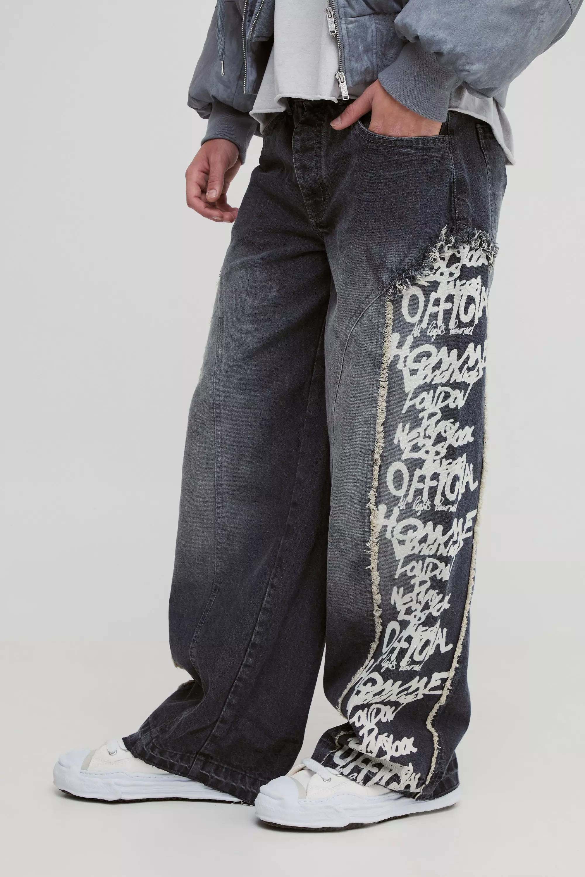 Baggy Rigid Printed Panel Denim Jeans Grey