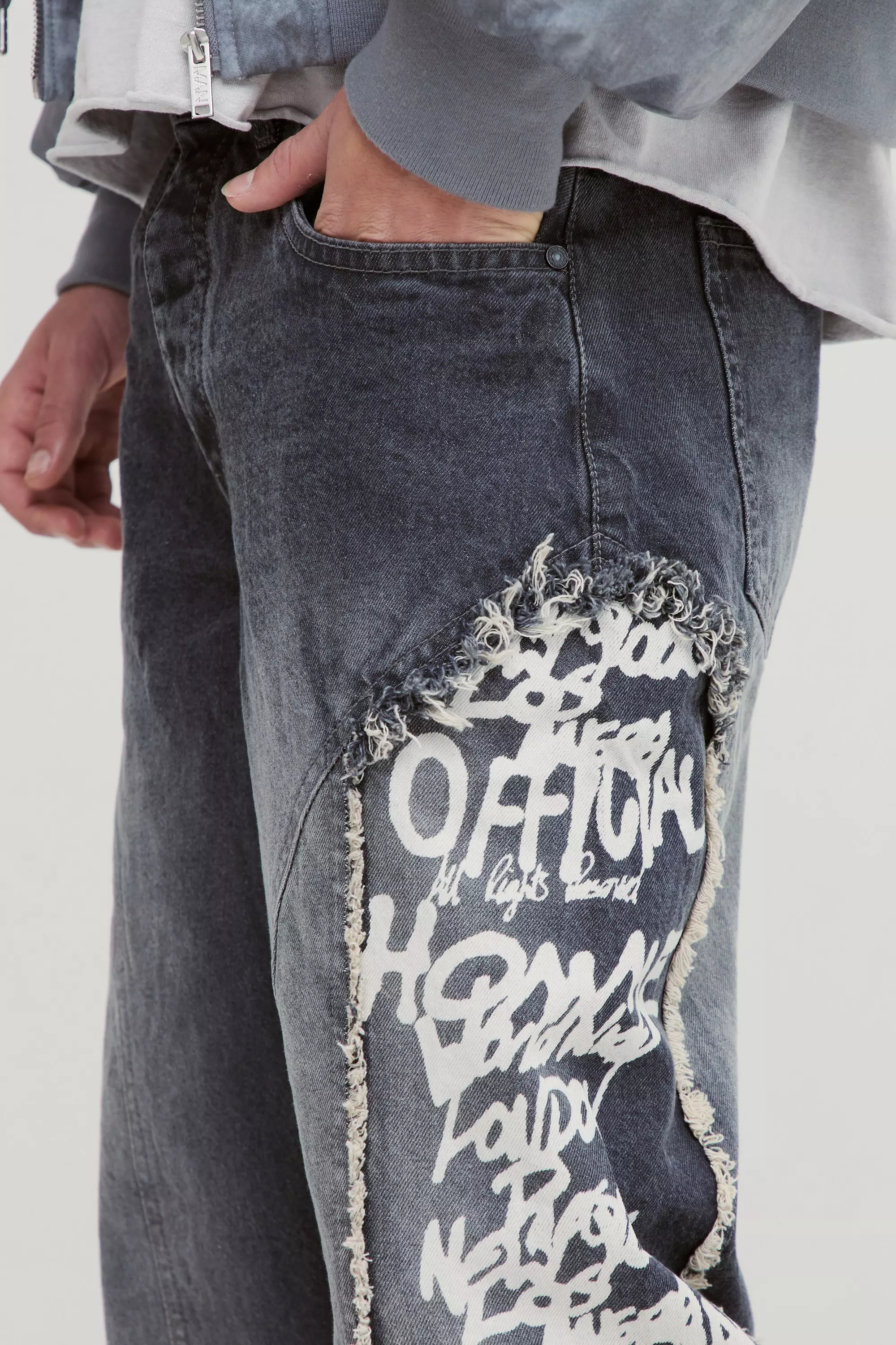 Grey Baggy Rigid Printed Panel Denim Jeans alternative image