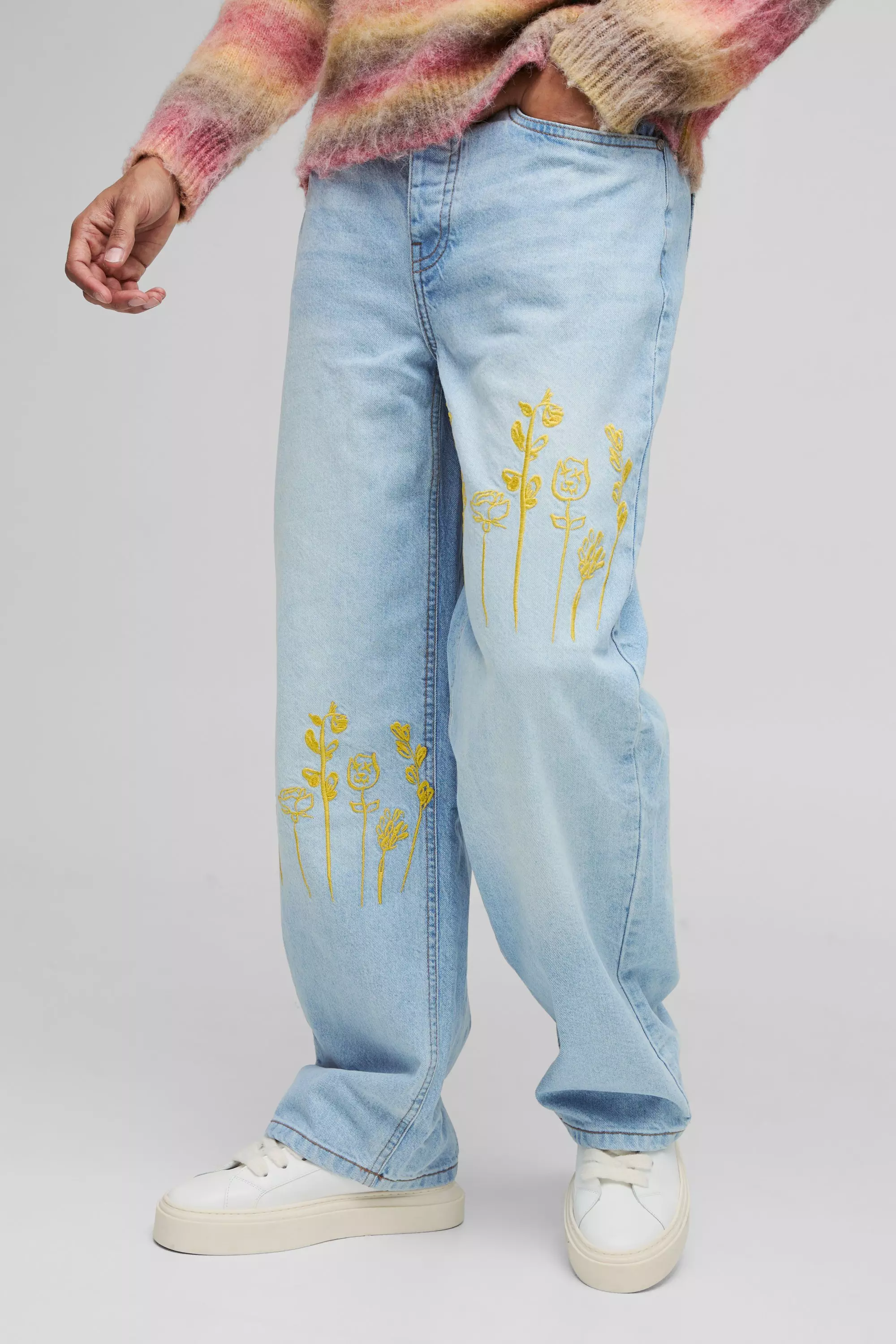 Jeans Rilassati In Denim Rigido Con Ricami, Light blue immagine alternativa