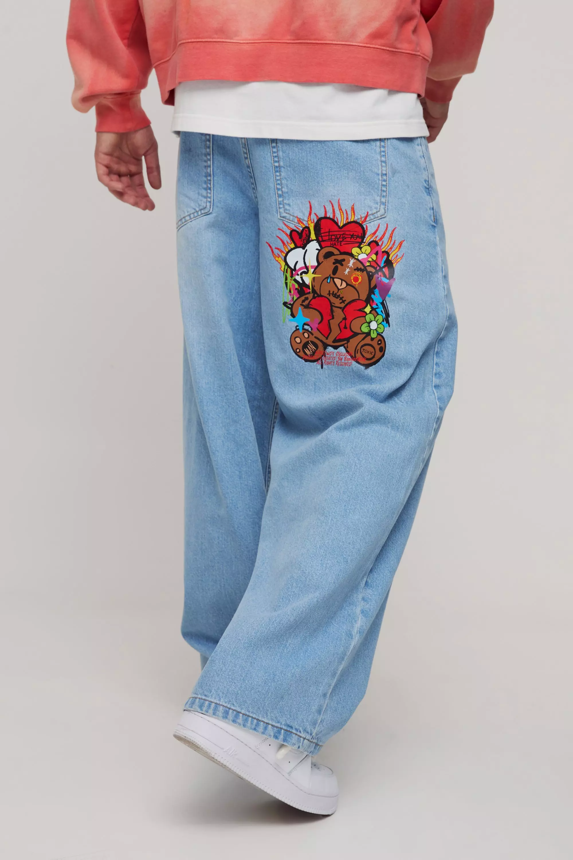 Baggy Rigid Applique Denim Jeans Light blue