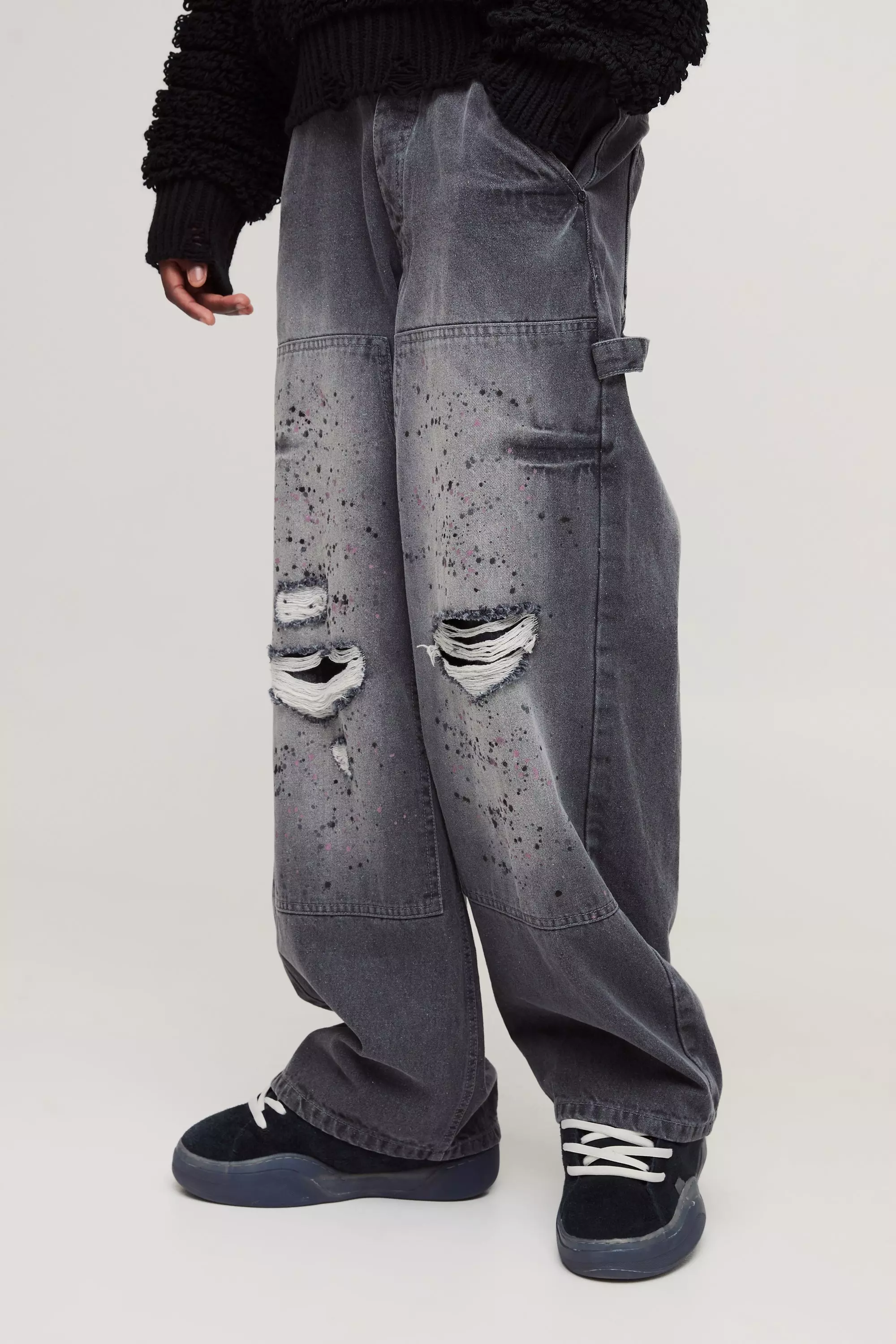 Baggy Rigid Paint Splatter Carpenter Denim Jeans Grey