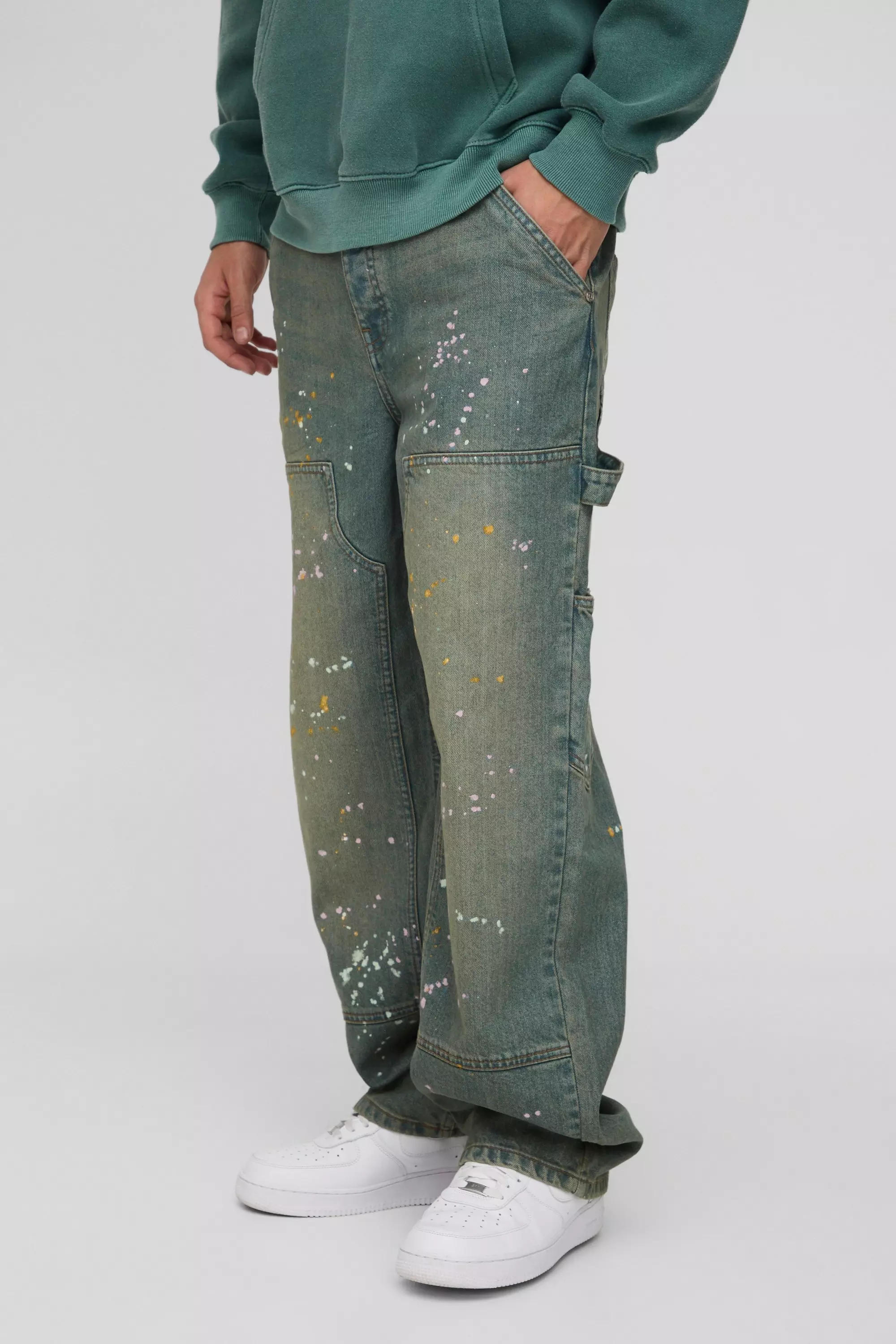 Green Relaxed Rigid Paint Splatter Carpenter Denim Jeans