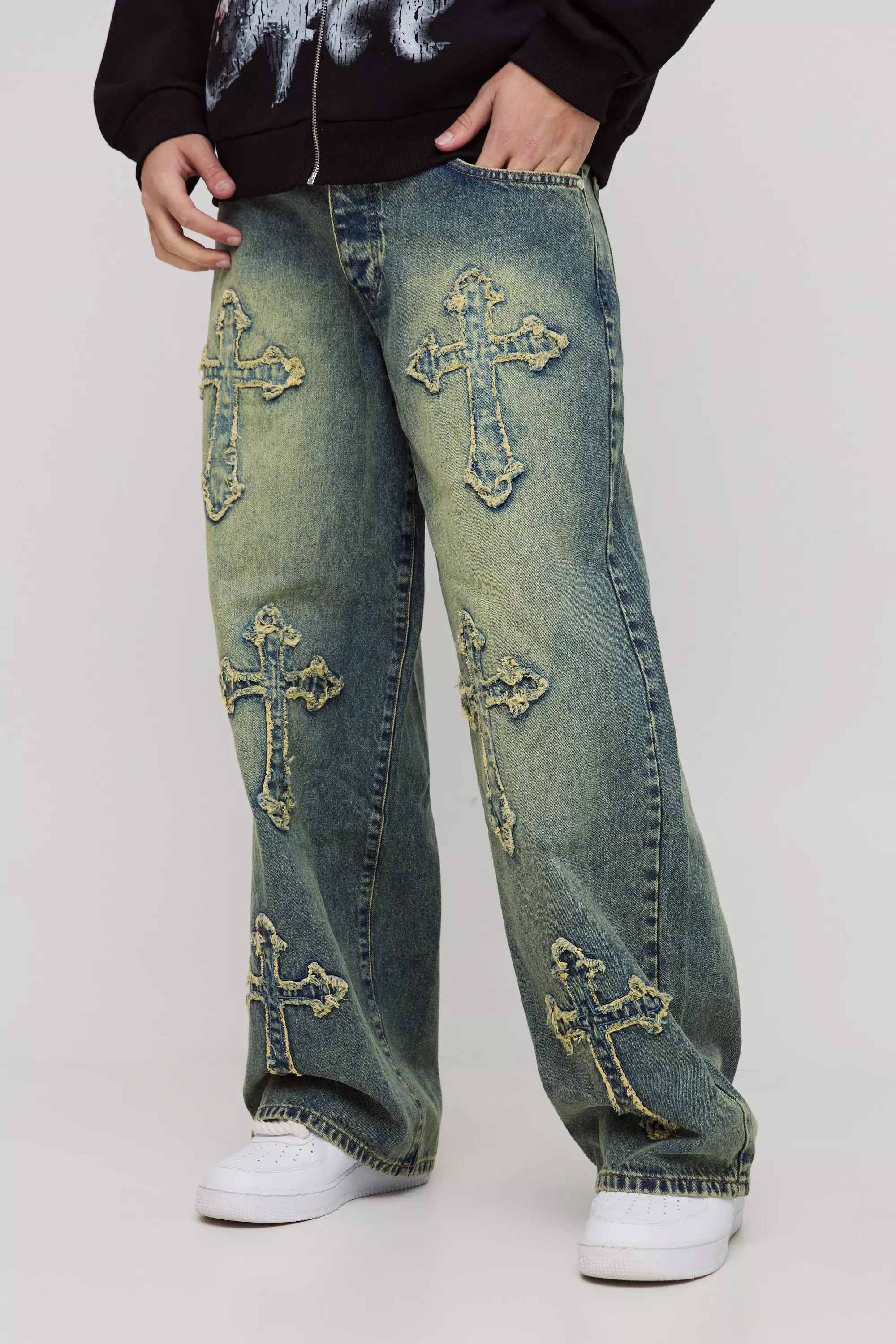 Baggy Rigid Cross Applique Denim Jeans Green