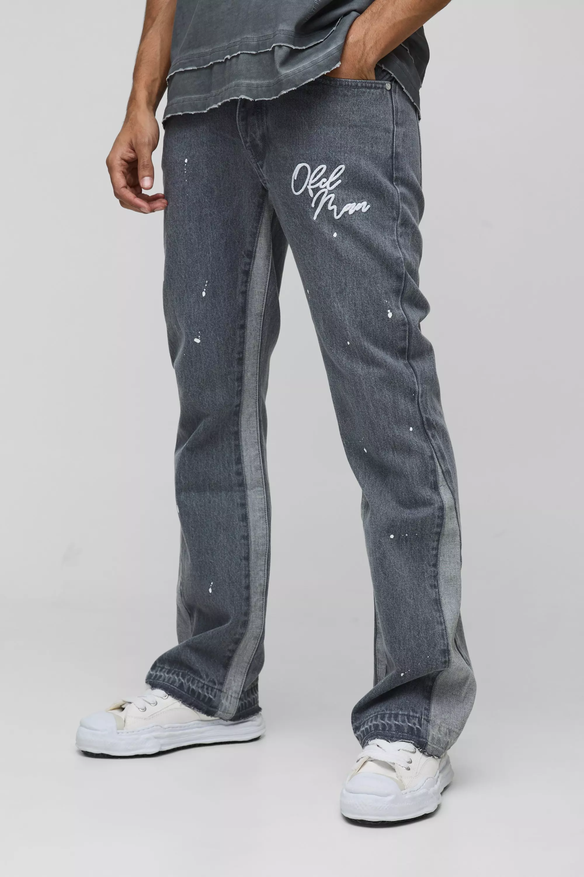 Slim Rigid Flare Embroidery Paint Splatter Gusset Denim Jeans Mid grey