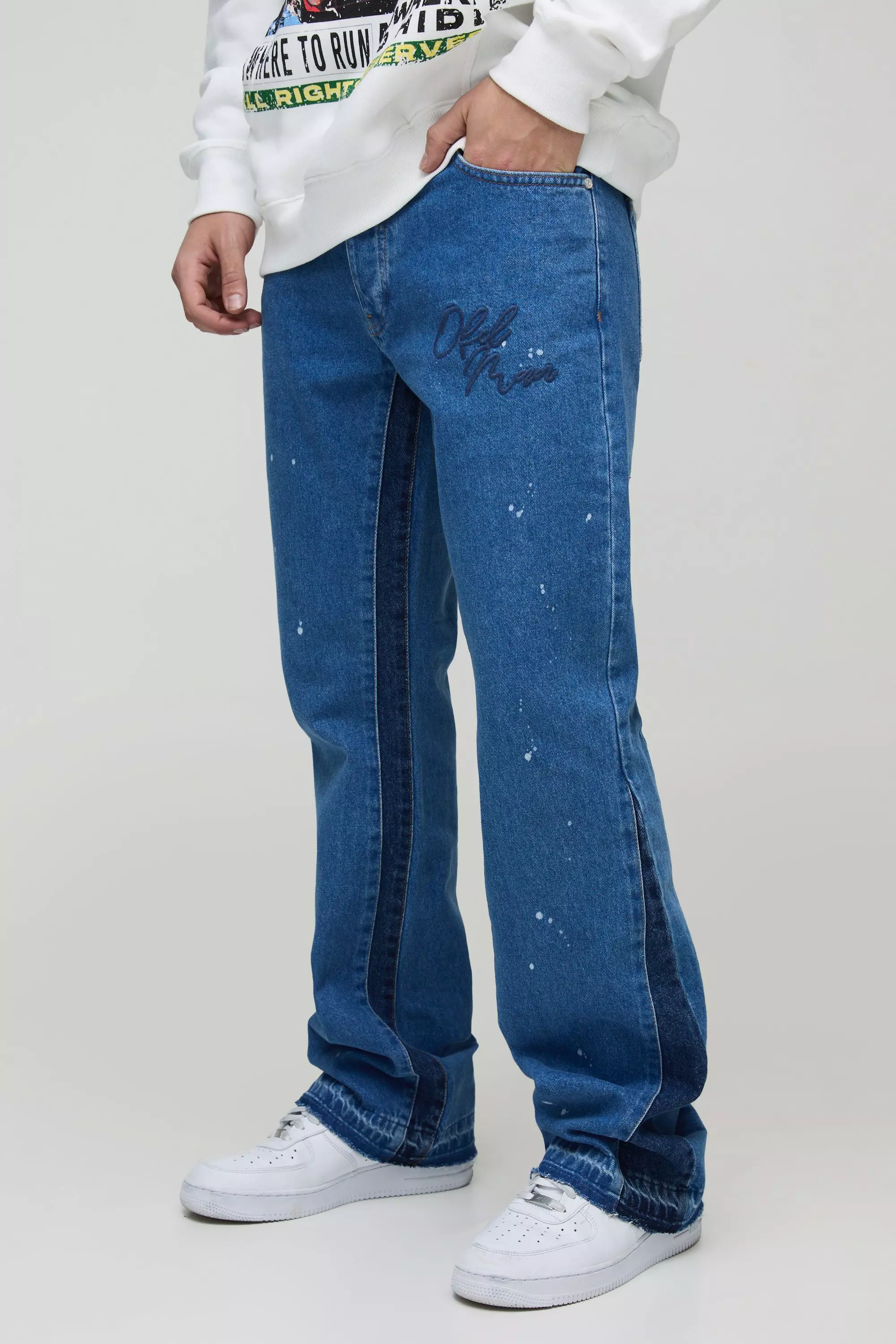 Slim Rigid Flare Embroidery Paint Splatter Gusset Denim Jeans Light blue