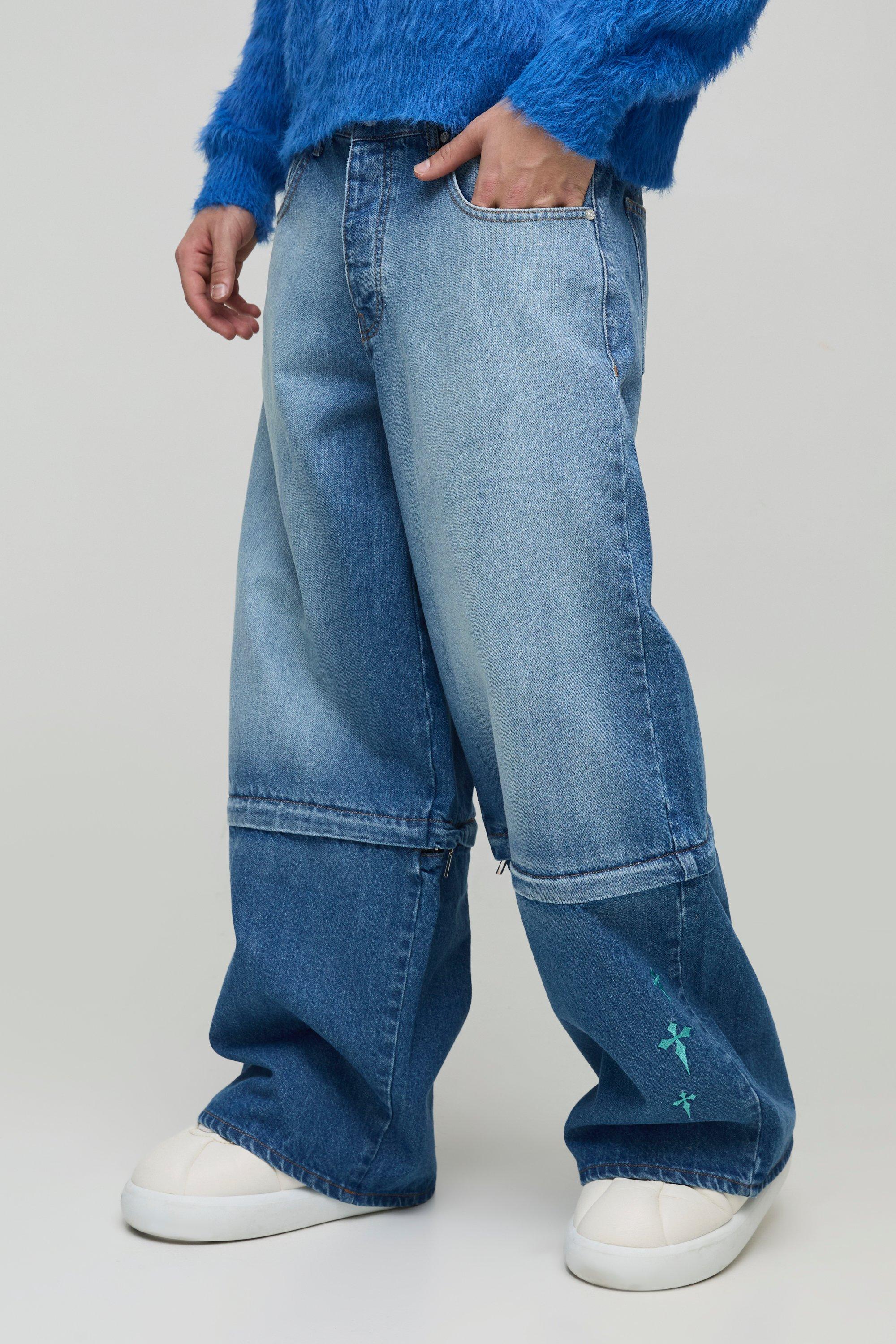 Extreme Baggy Rigid Zip Off Leg Cross Embroidery Denim Jeans | boohooMAN USA