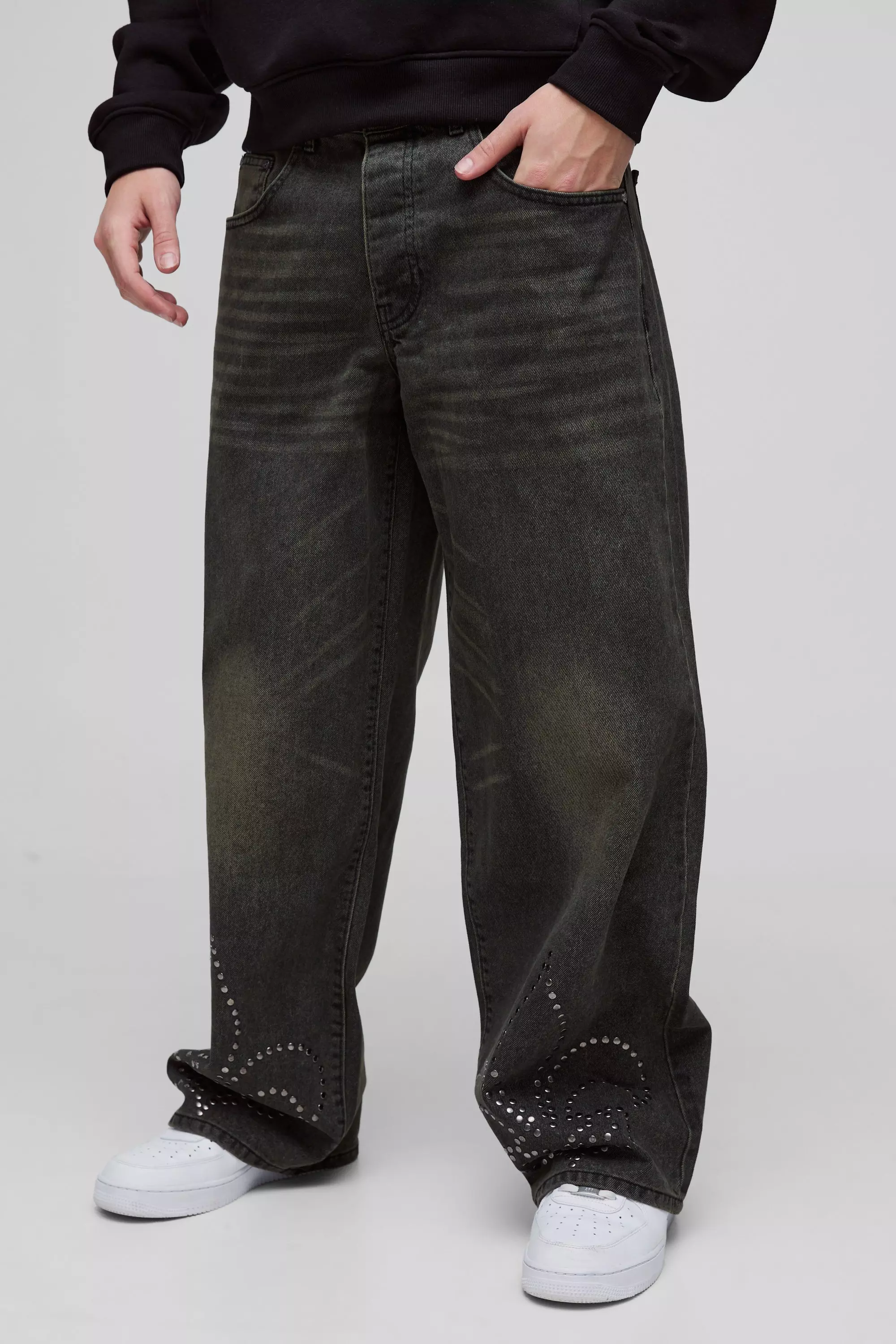 Petrol Baggy Rigid Cross Stud Applique Denim Jeans alternative image