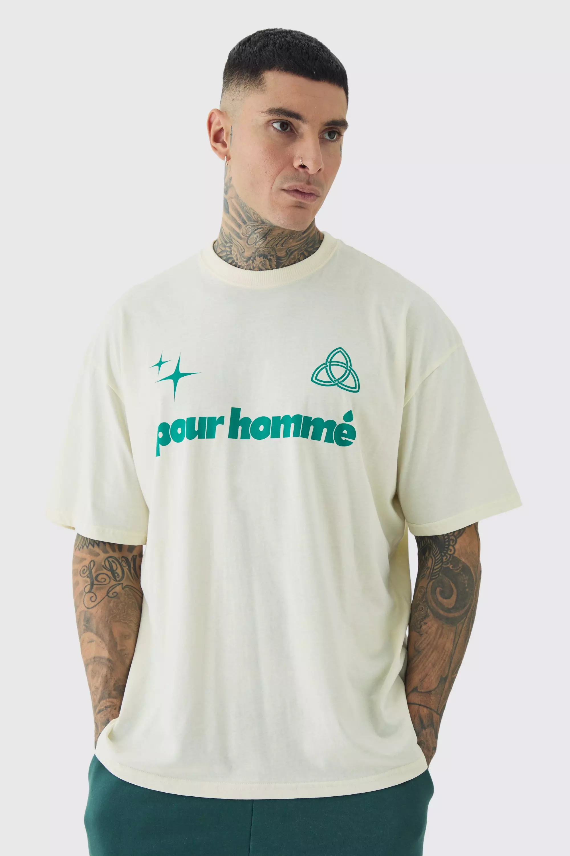 White Tall Pour Homme Graphic Oversized T-shirt in Ecru