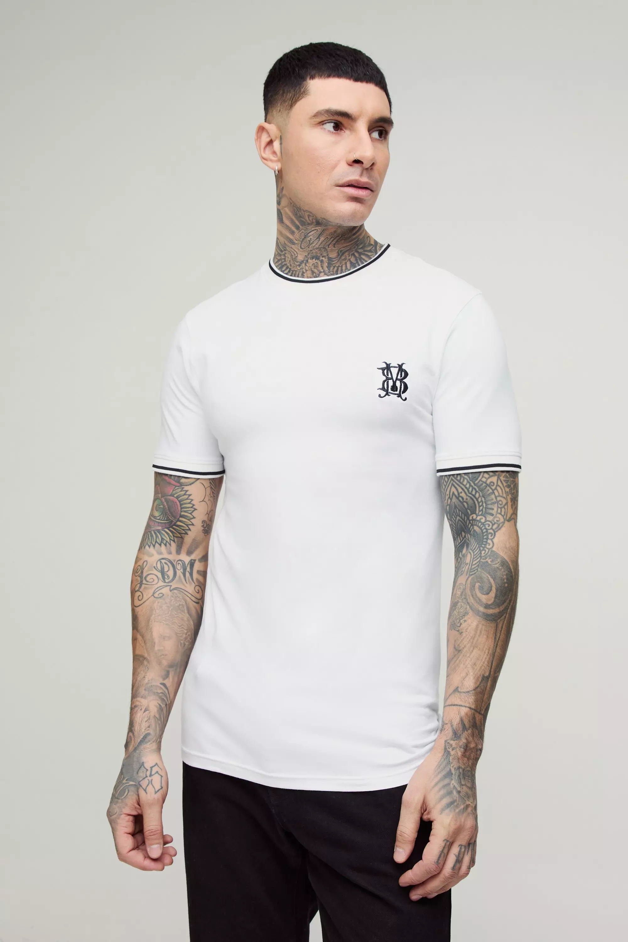 White Tall Embroidered Muscle Fit T-shirt in White