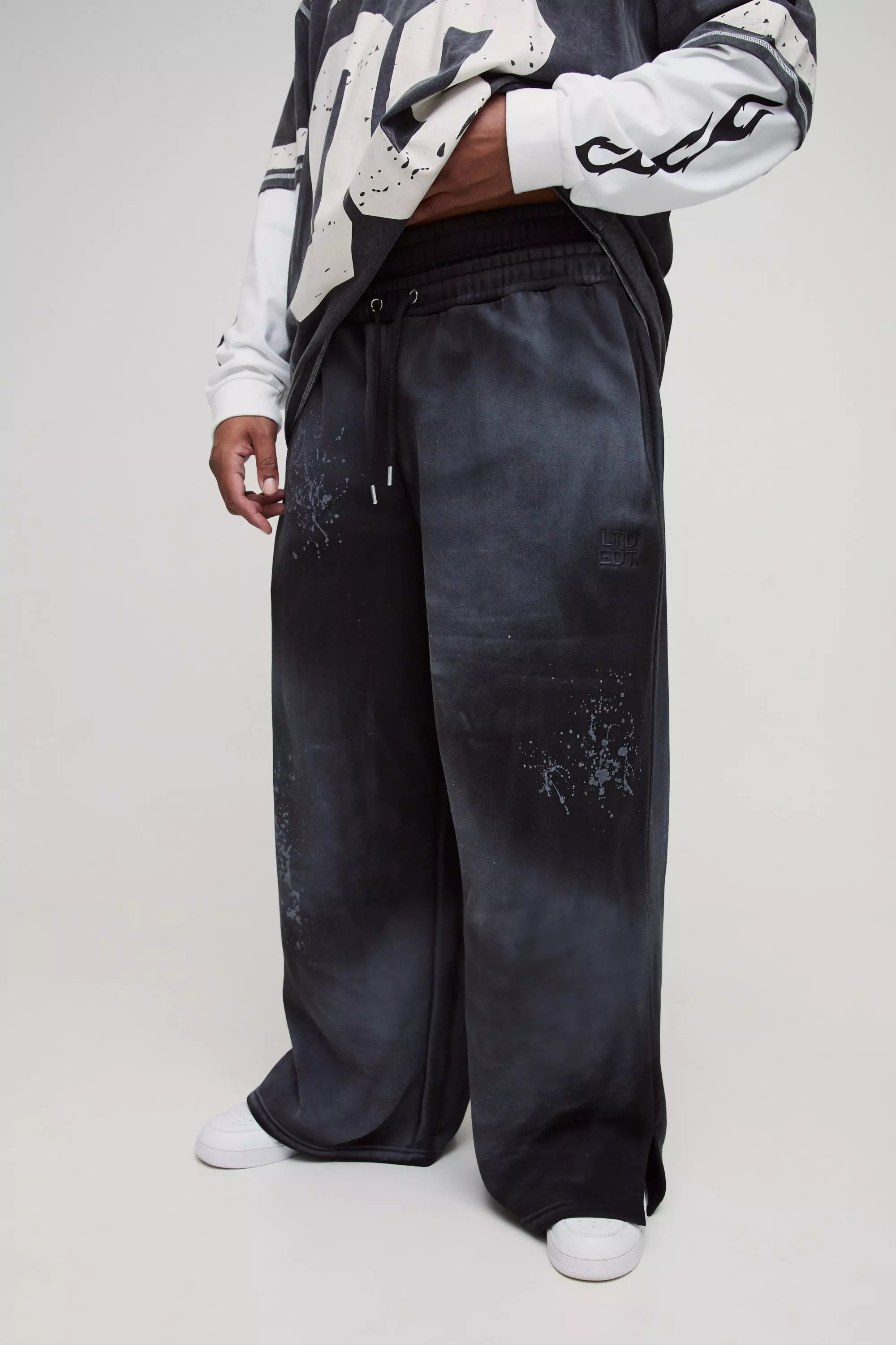 Black Plus Wide Fit Boxer Spray Wash Embroidered Split Hem Jogger