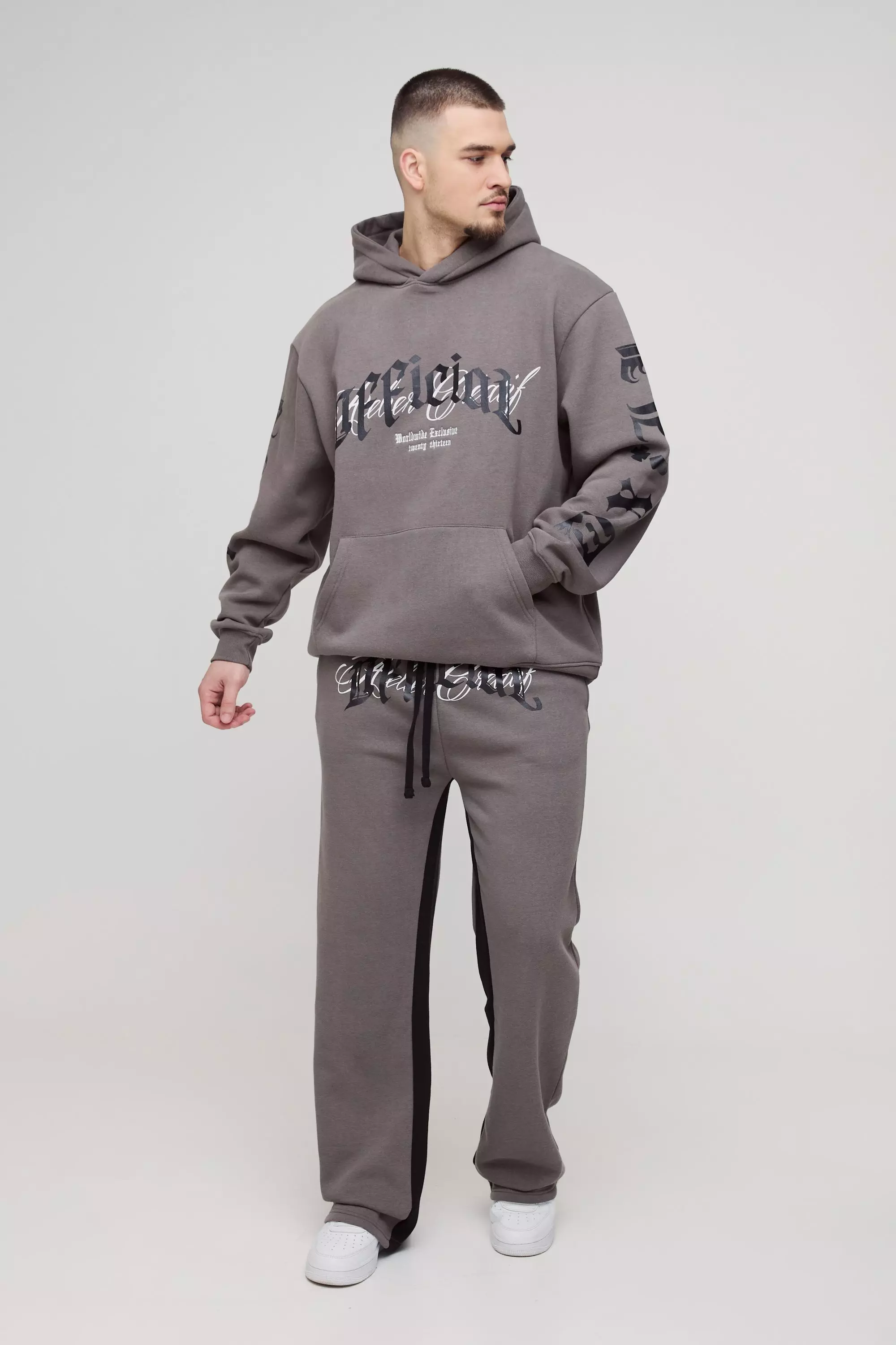 Charcoal Grey Tall Oversized Official Embroidery Hooded Relaxed Flare Tracksuit