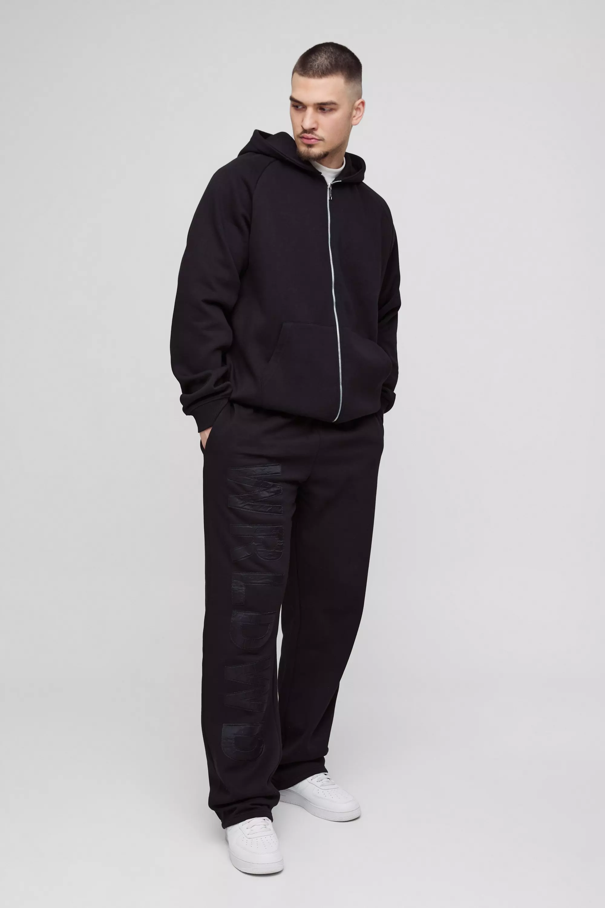 Black Tall Oversized Satin Applique WRLDWD Hooded Relaxed Jogger Tracksuit