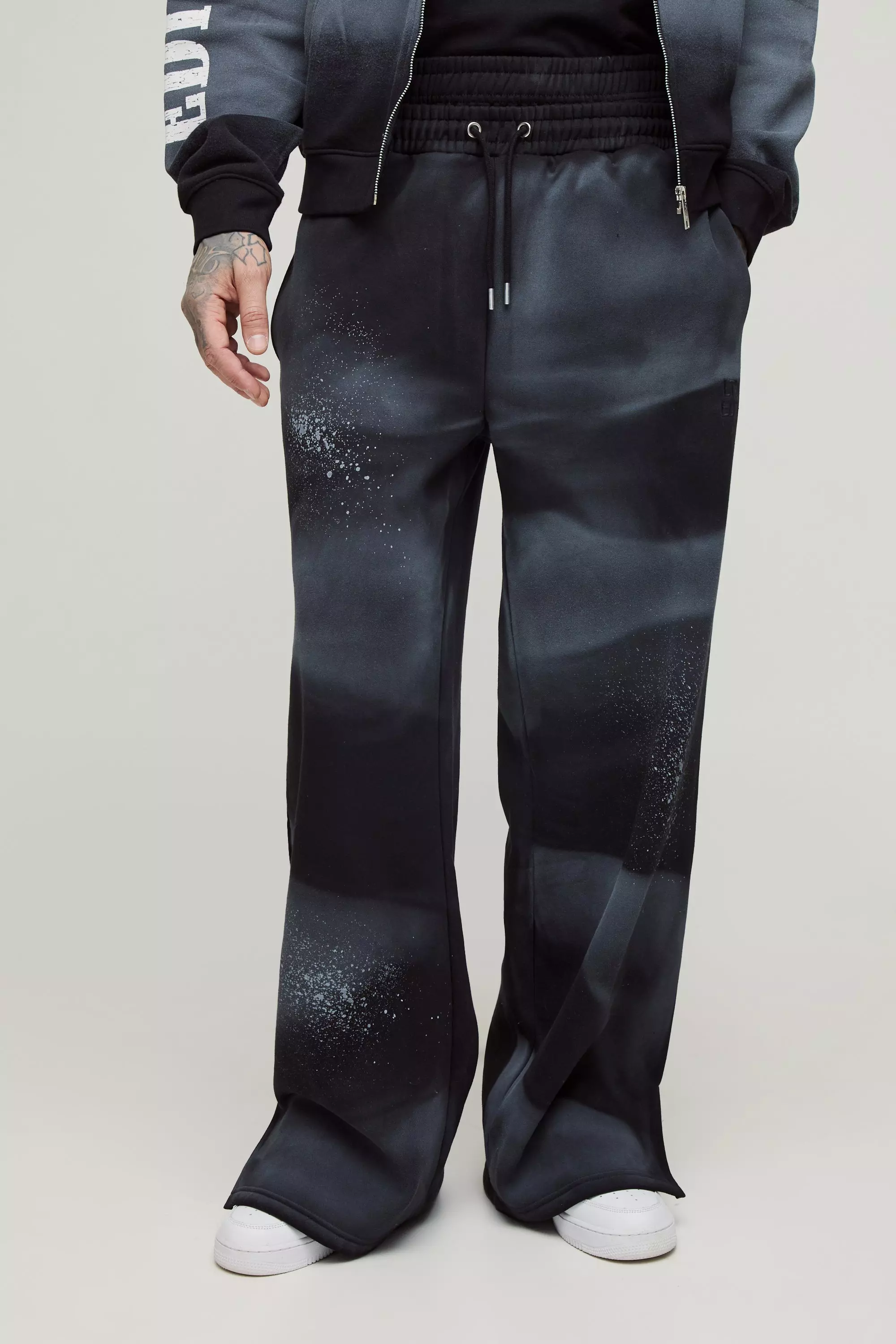 Black Tall Wide Fit Boxer Spray Wash Embroidered Split Hem Jogger