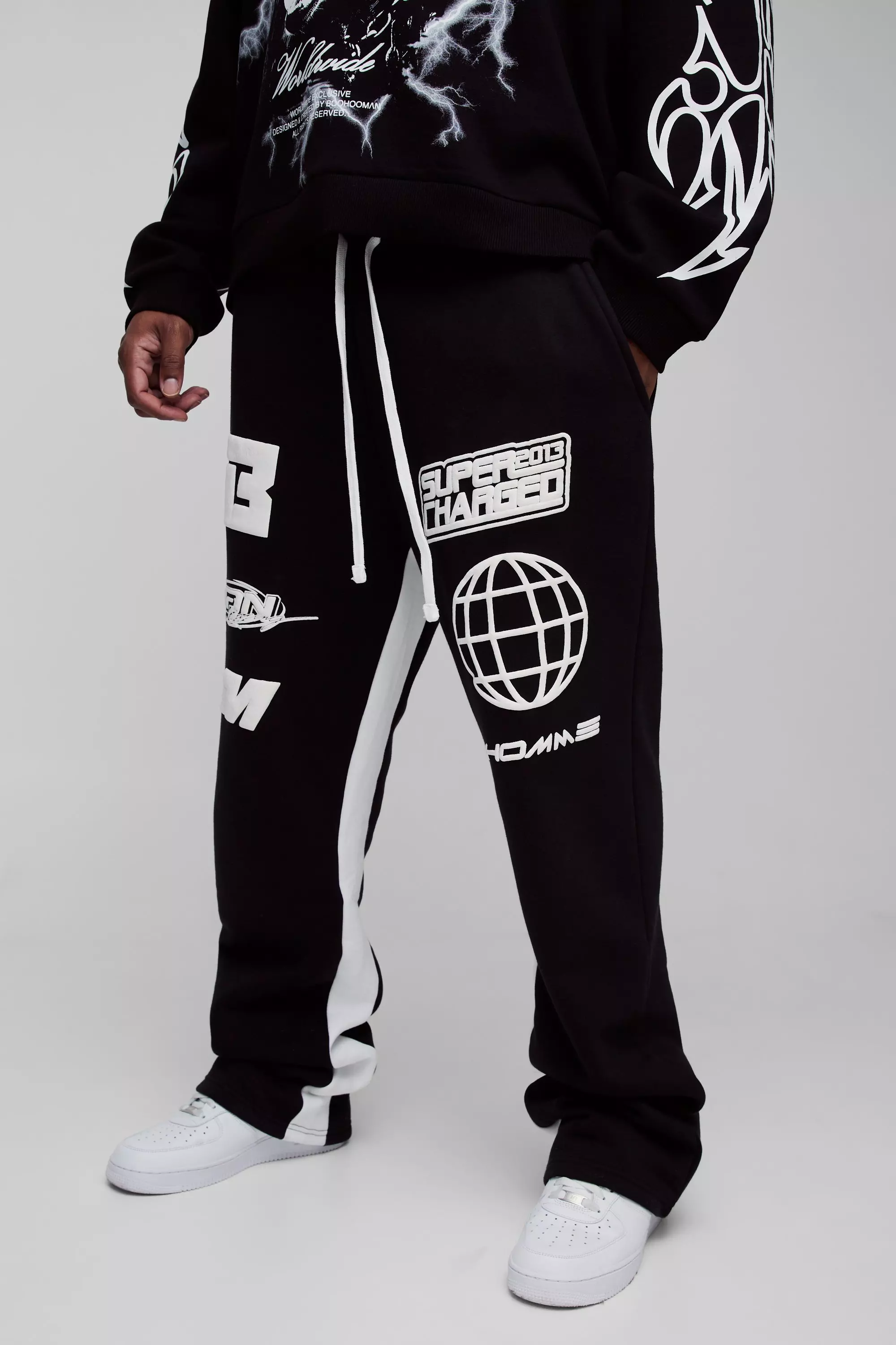 Black Plus Puff Print Slim Flare Stacked Gusset Joggers alternative image