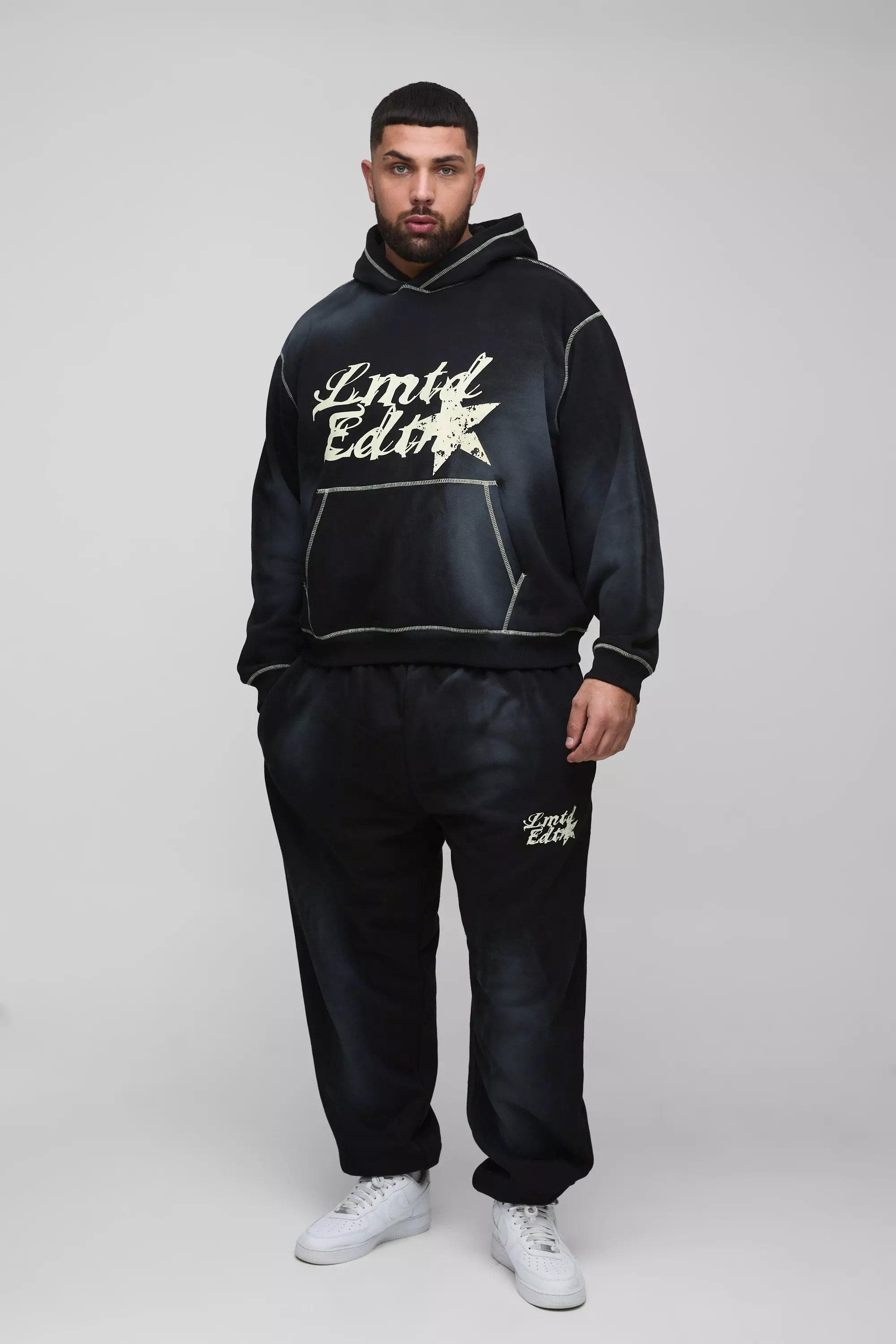 Plus Oversized Contrast Stitch Lmted Spray Wash Hooded Tracksuit Black