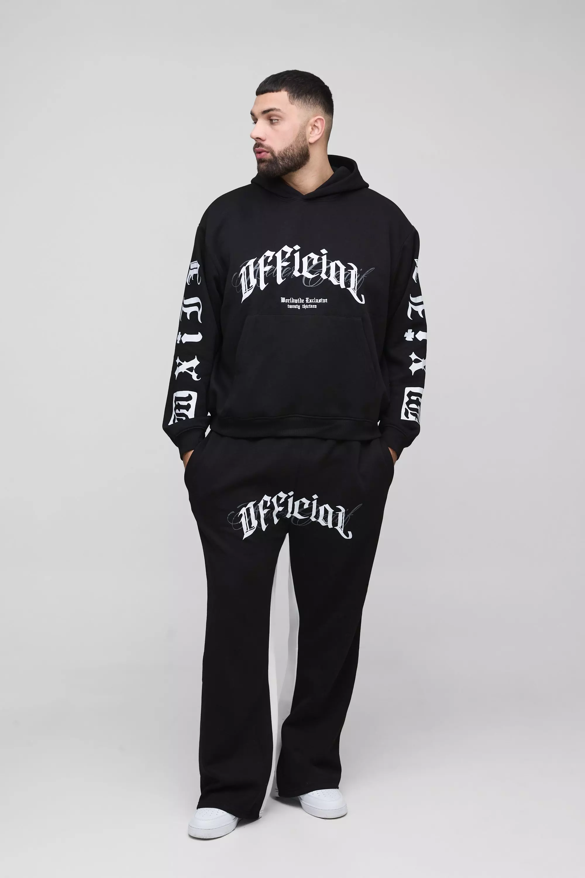 Black Plus Oversized Boxy Official Embroidery Hooded Relaxed Flare Tracksuit