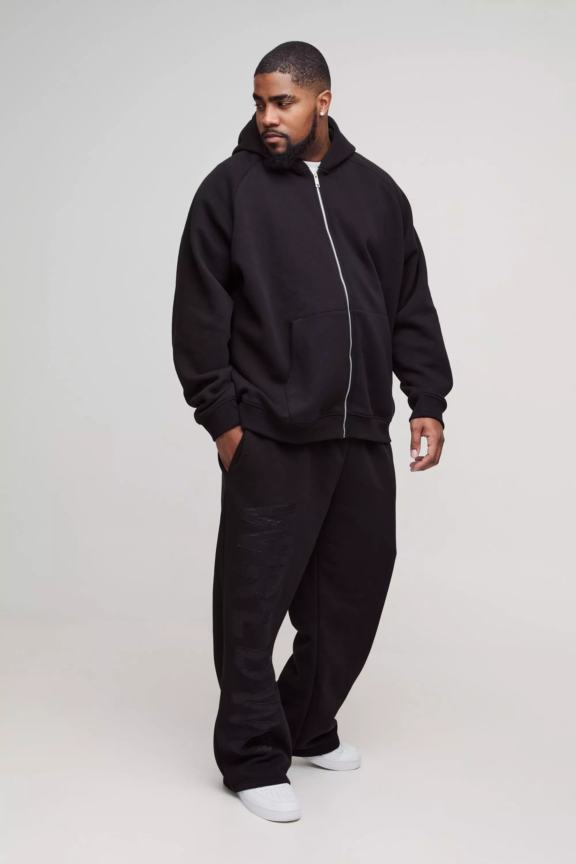 Plus Oversized Satin Applique WRLDWD Hooded Relaxed Jogger Tracksuit Black