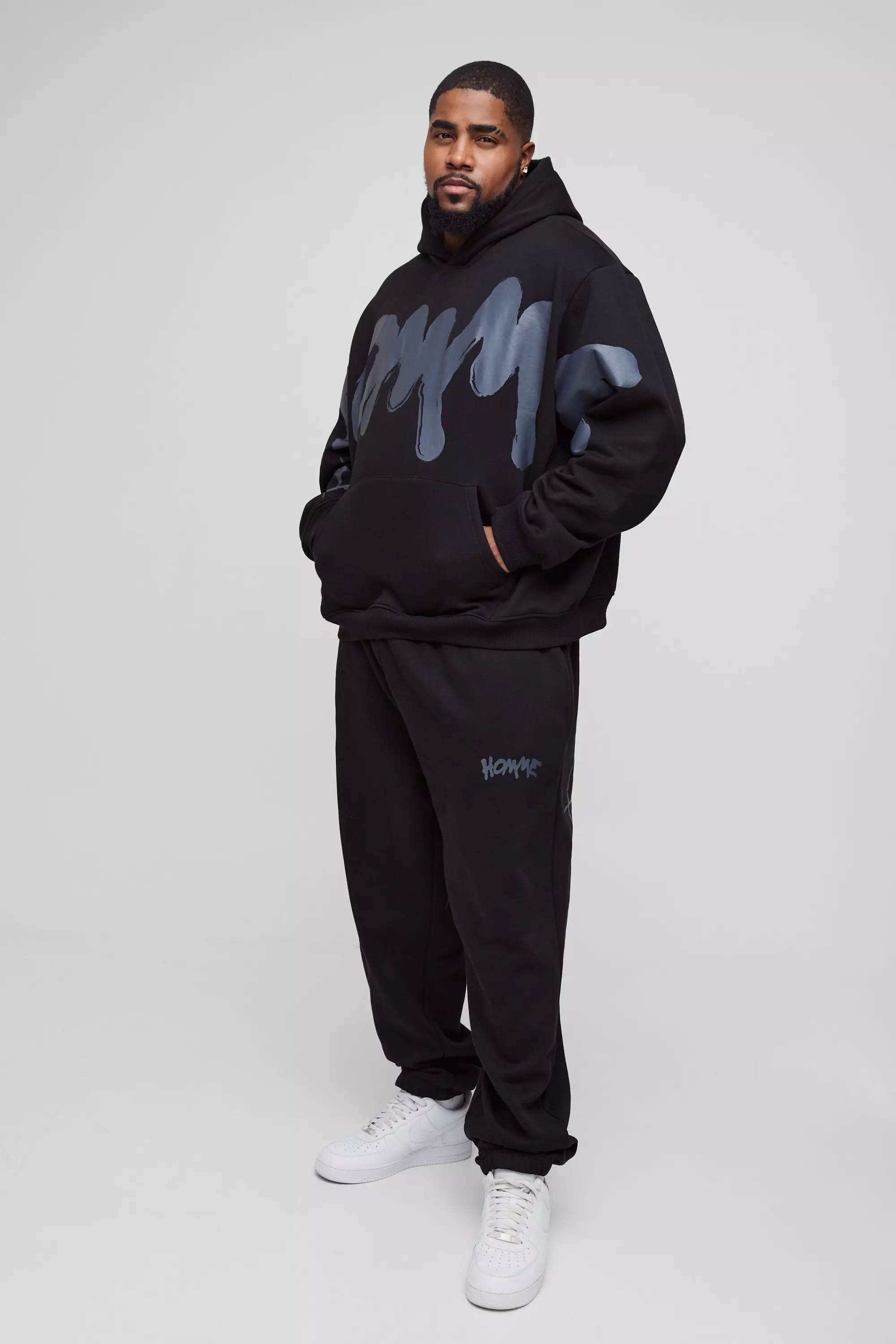 Plus Oversized Boxy Homme Graffiti Print Hooded Tracksuit Black