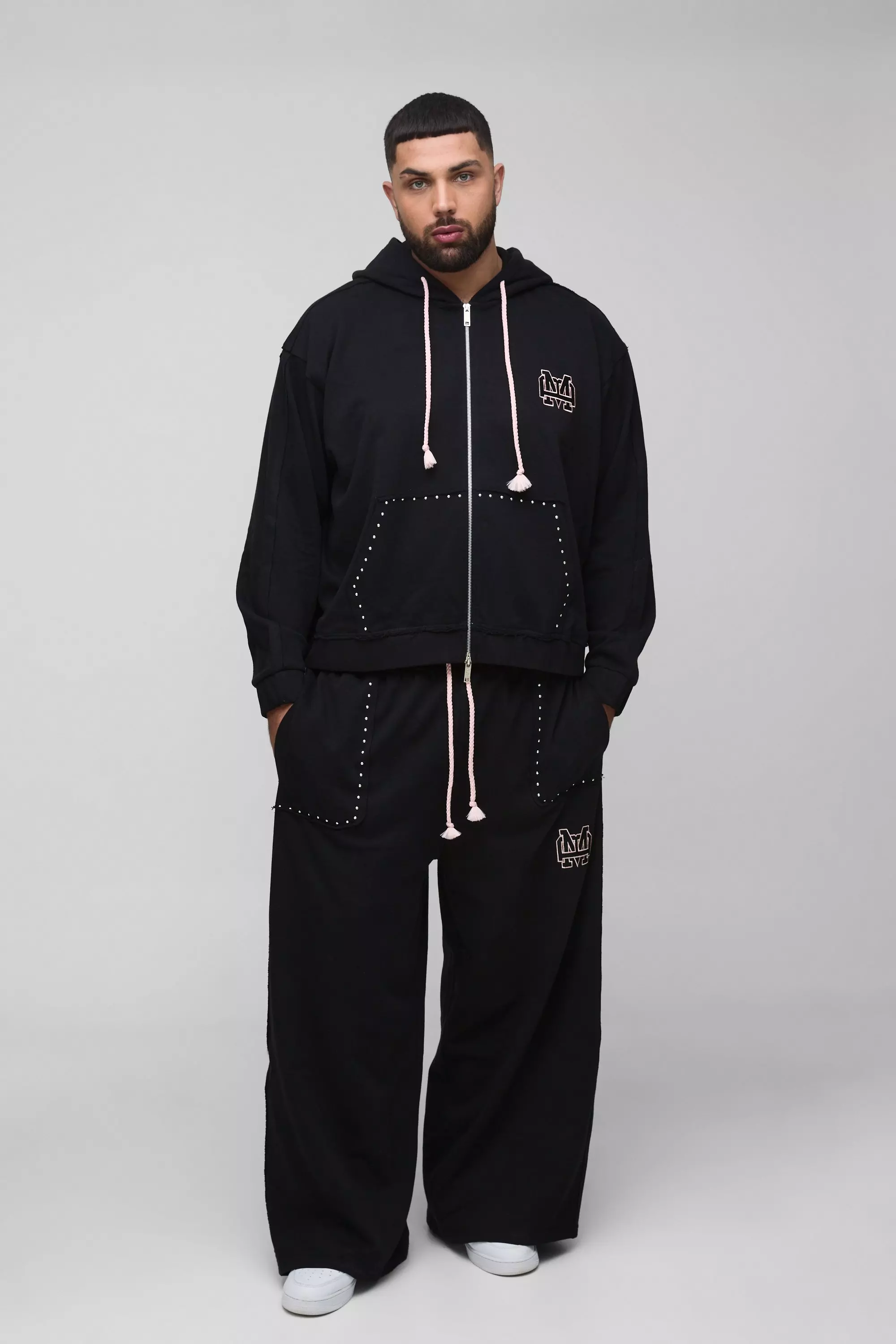 Black Plus Oversized Boxy Zip Thru Seam Detail Hooded Tracksuit