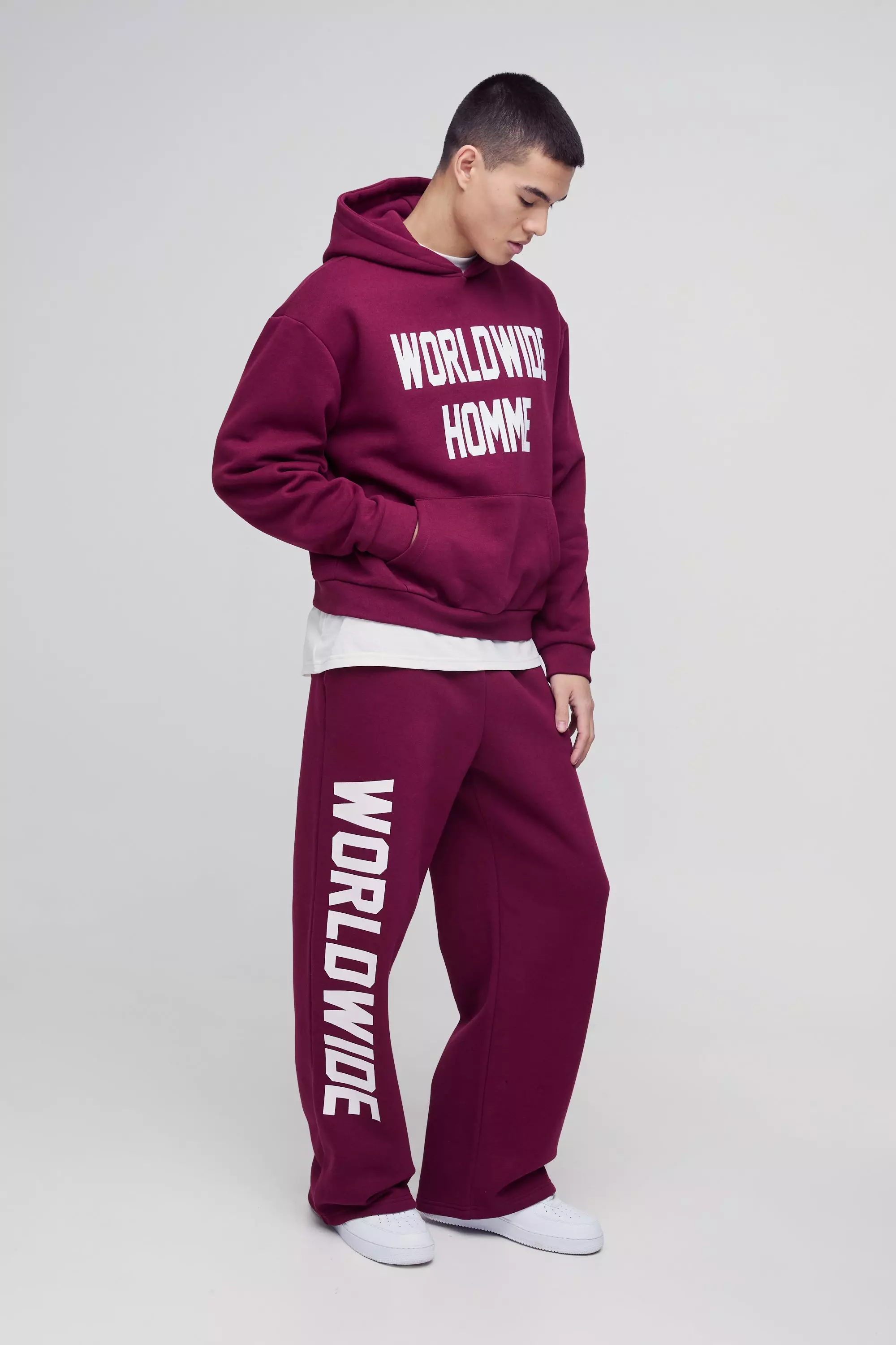 Burgundy Oversized Boxy Worldwide Print Hooded Tracksuit alternative image
