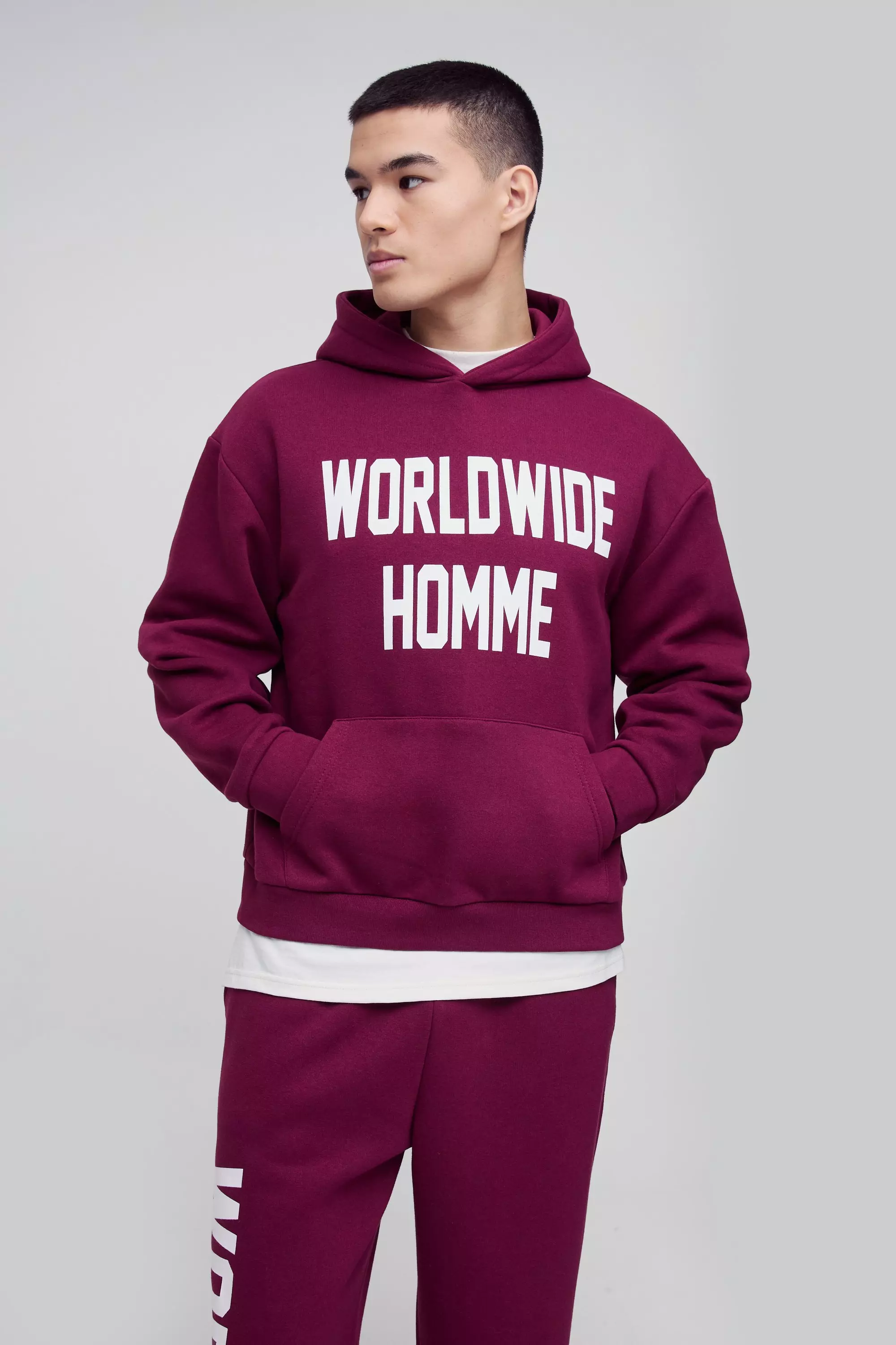 Burgundy Oversized Boxy Worldwide Print Hooded Tracksuit alternative image