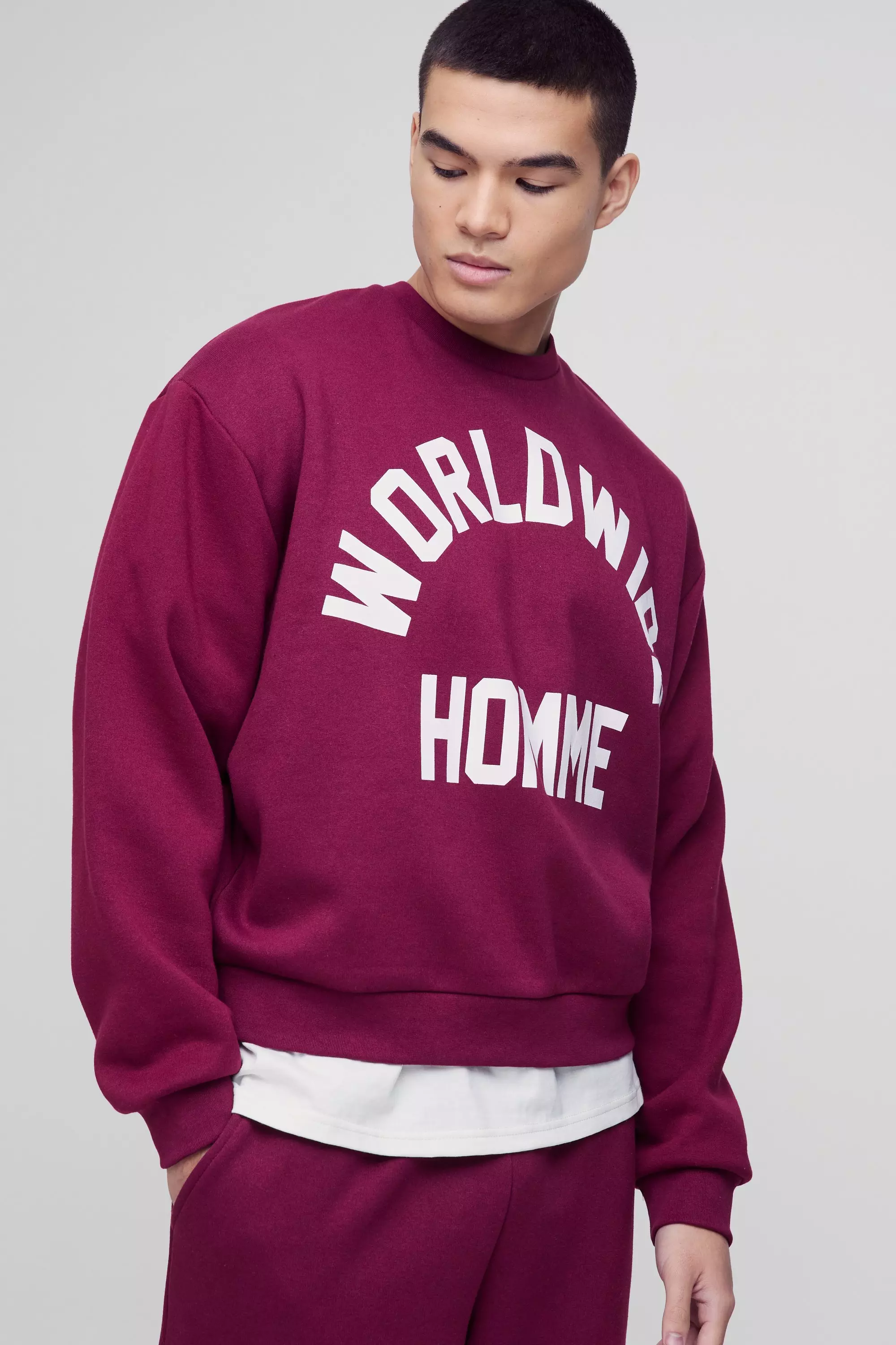 Oversized Boxy Worldwide Print Sweatshirt Burgundy