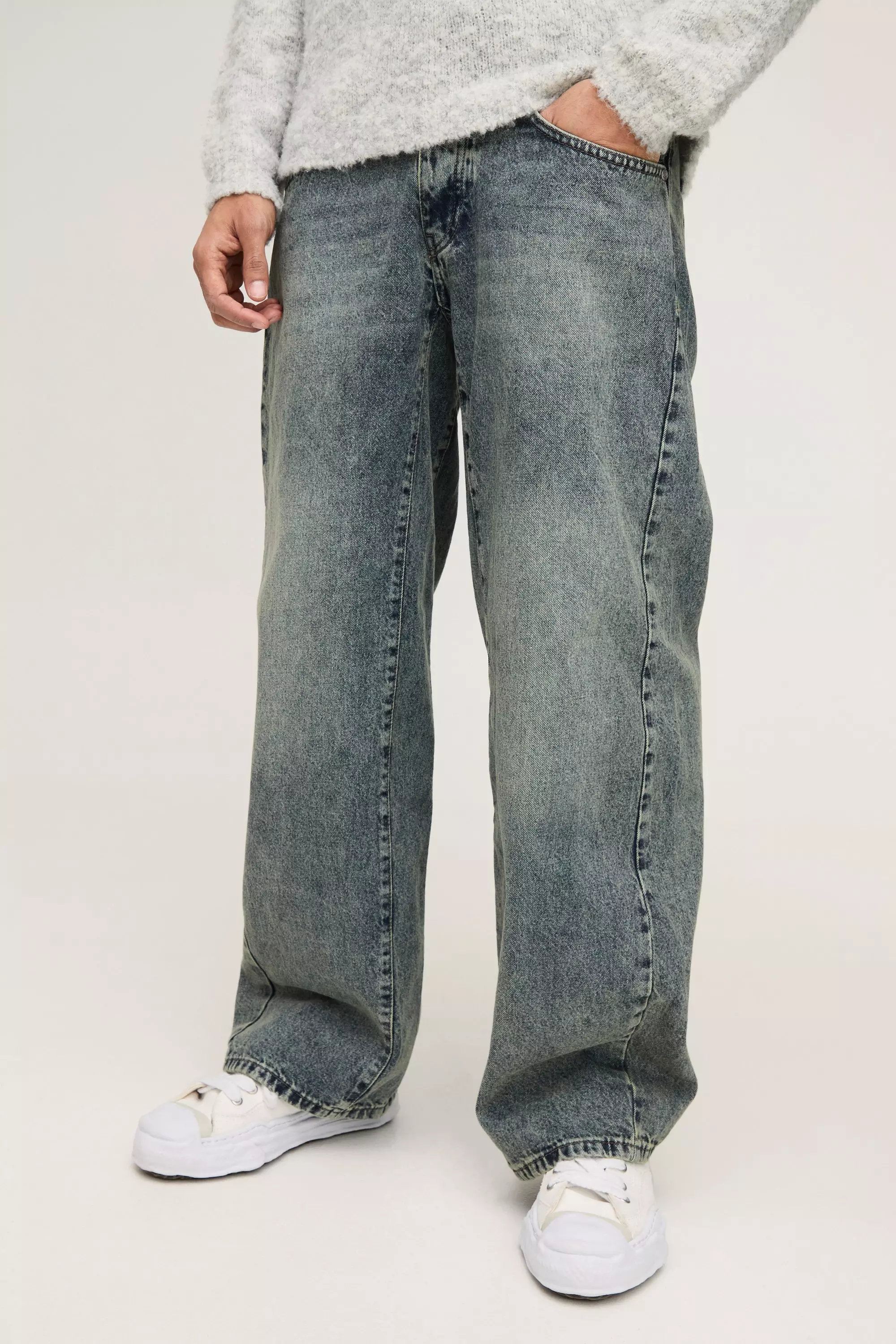 Jeans Extra Comodi In Denim Rigido Con Inserti, Vintage wash immagine alternativa