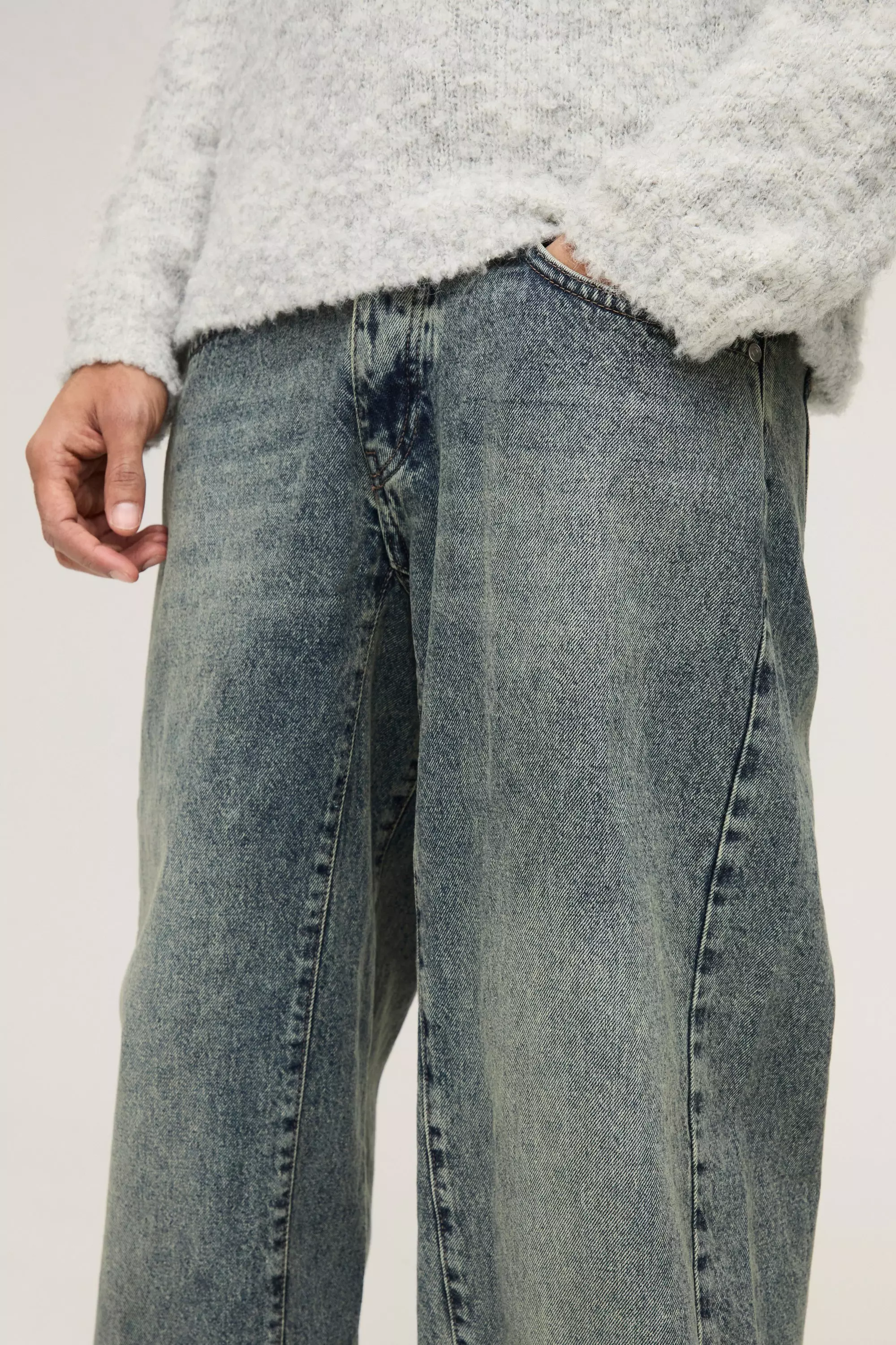 Jeans Extra Comodi In Denim Rigido Con Inserti, Vintage wash immagine alternativa