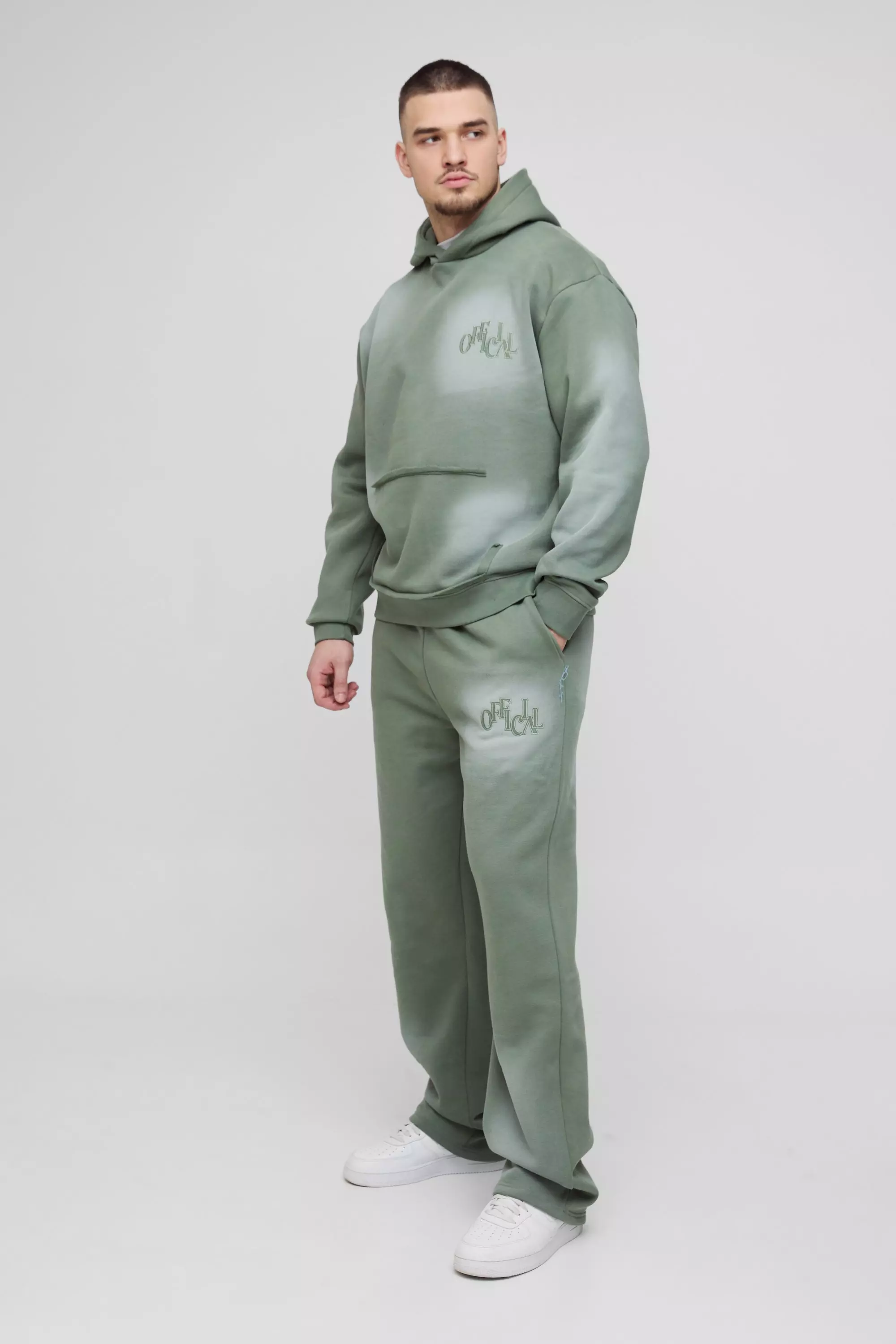 Green Tall Oversized Boxy Distressed Official Applique Spray Wash Hooded Tracksuit